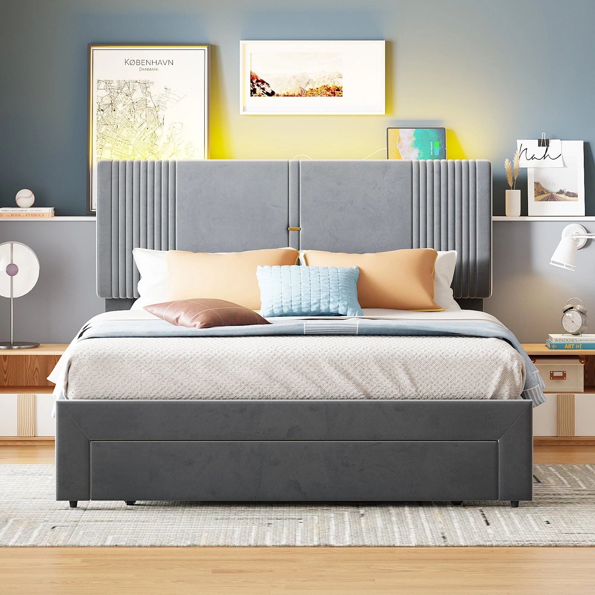 Upholstered Bed, 140x200cm Double with Light Strip & USB Port, Grey Velvet - Image 3