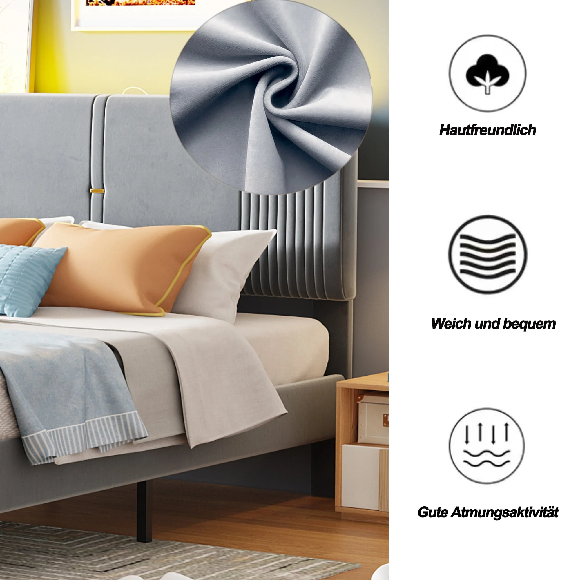 Upholstered Bed, 140x200cm Double with Light Strip & USB Port, Grey Velvet - Image 4