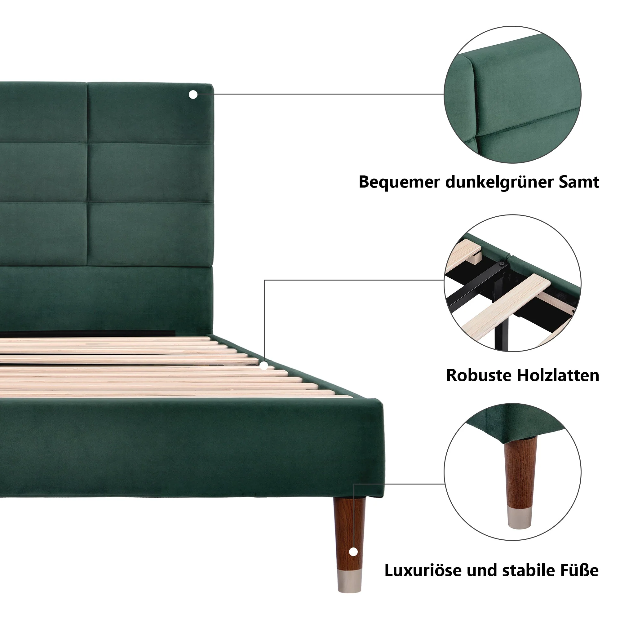 Upholstered Bed, 140x200cm Double with Slatted Frame & Headboard, Dark Green Velvet - Image 3