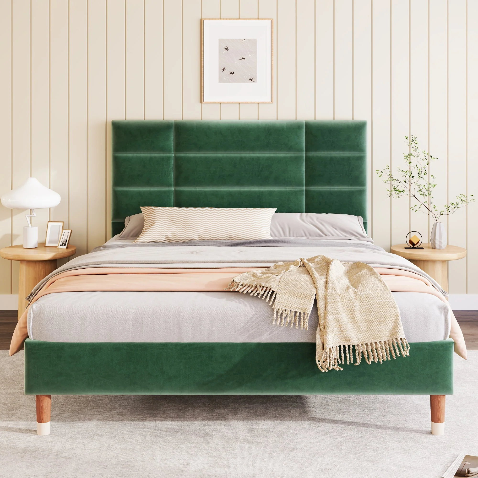 Upholstered Bed, 140x200cm Double with Slatted Frame & Headboard, Dark Green Velvet - Image 6