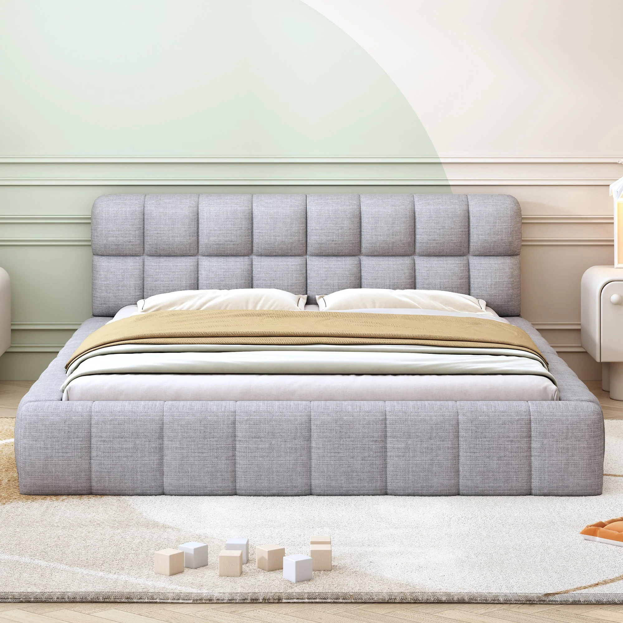 Upholstered Bed 140x200cm Double with Soft Backrest, Linen Grey - Image 3