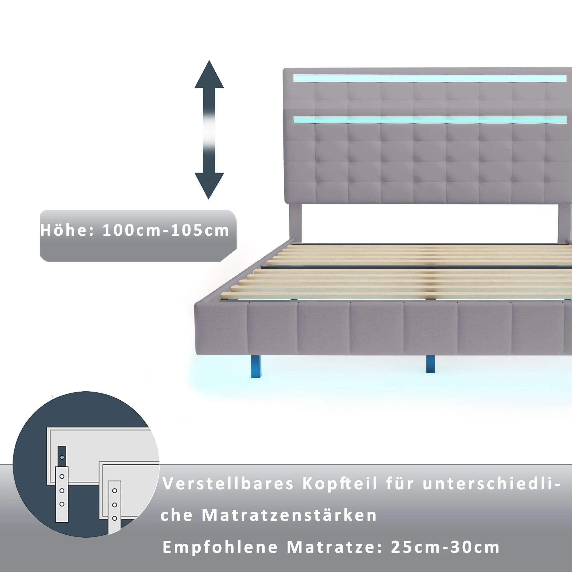 Upholstered Bed 140x200cm, Floating Frame with LED Lights & Headboard, Linen Grey - Image 6