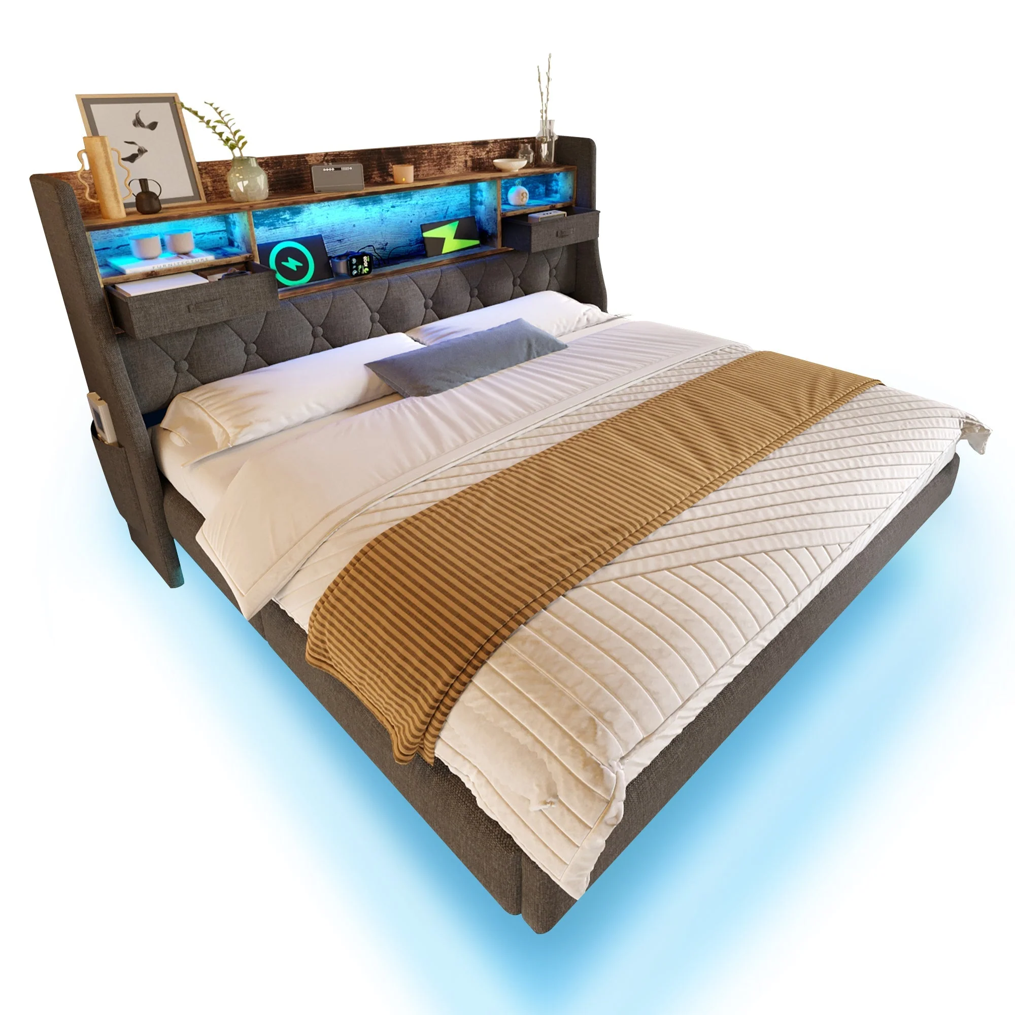 Upholstered Bed 140x200cm Floating LED Charging Station Storage Headboard Linen, Grey - Image 7