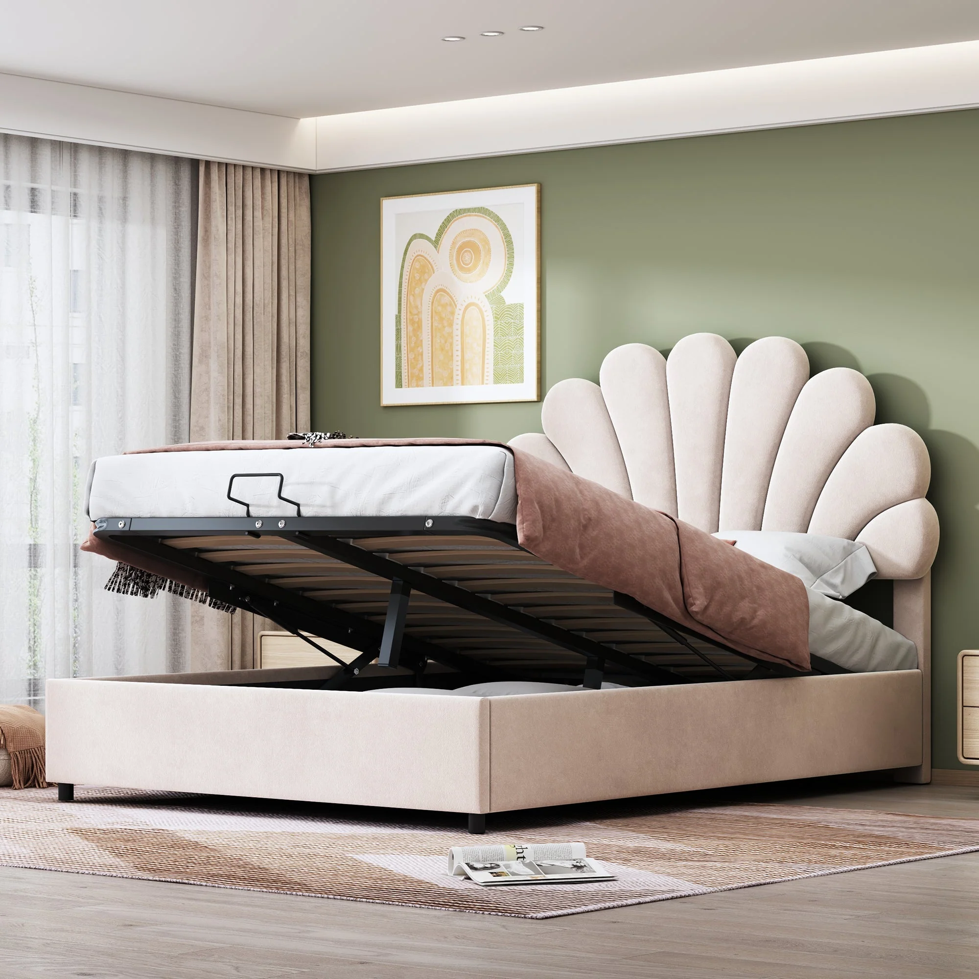 Upholstered Bed 140x200cm Floral Headboard Hydraulic Storage, Beige Velvet - Image 2
