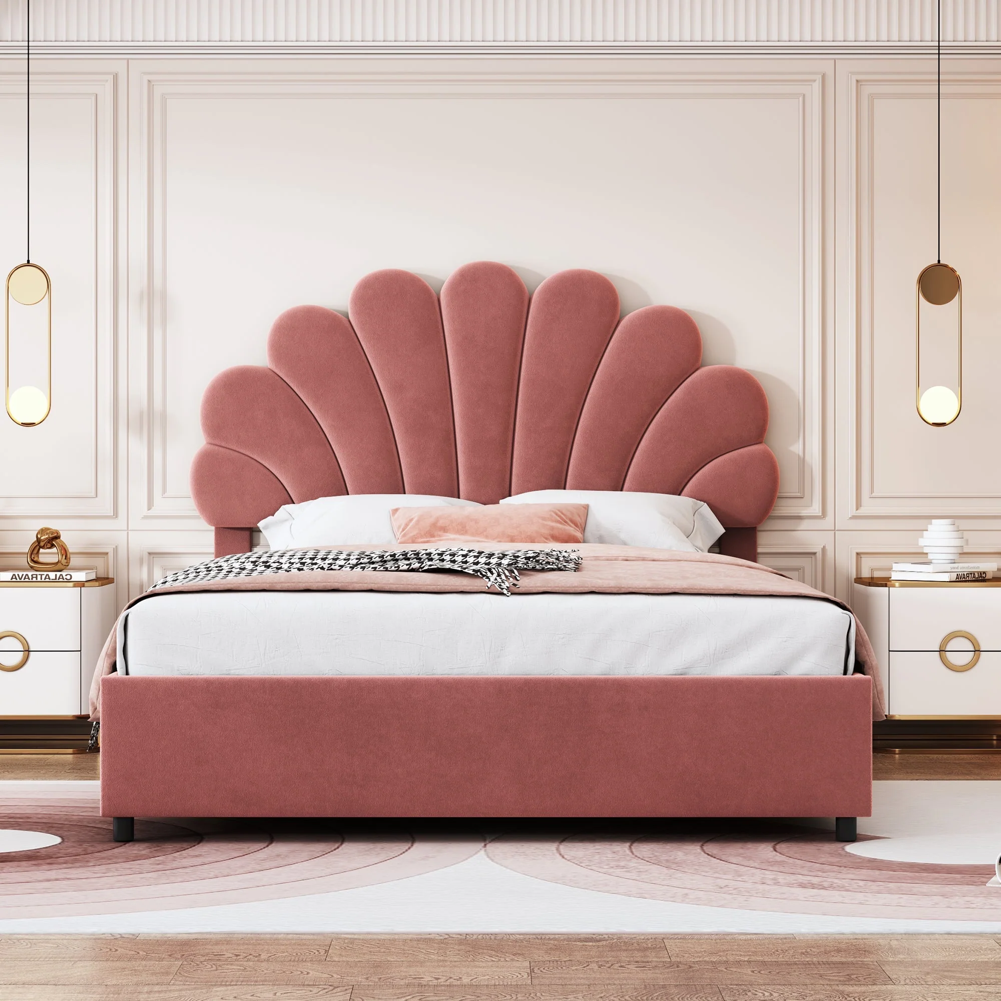 Upholstered Bed, 140x200cm, Floral Headboard, Hydraulic Storage, Pink Velvet - Image 3