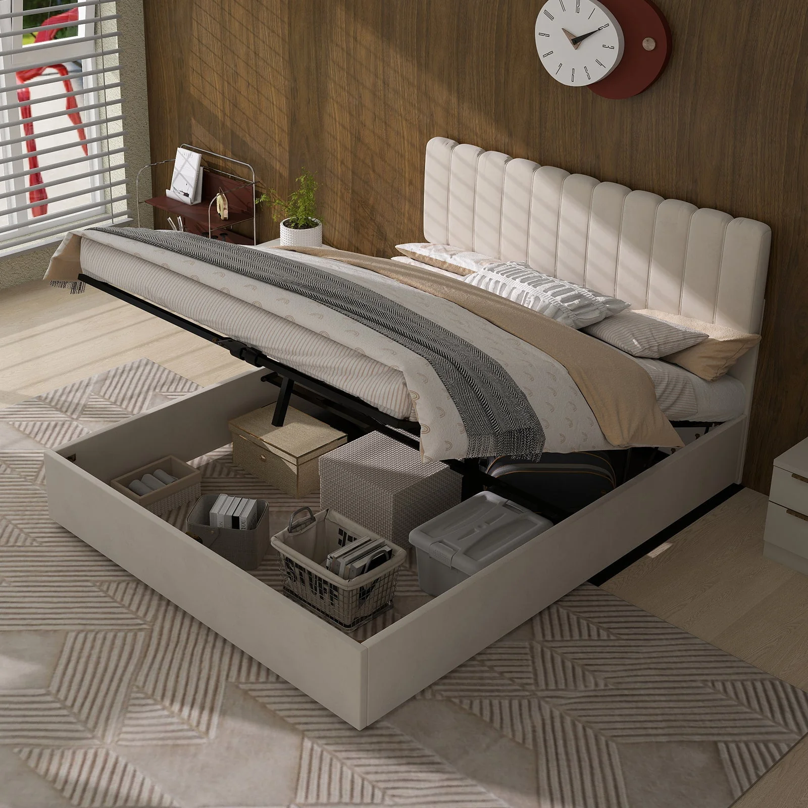 Upholstered Bed 140x200cm Gas Lift Storage Soft Headboard - Beige - Image 5