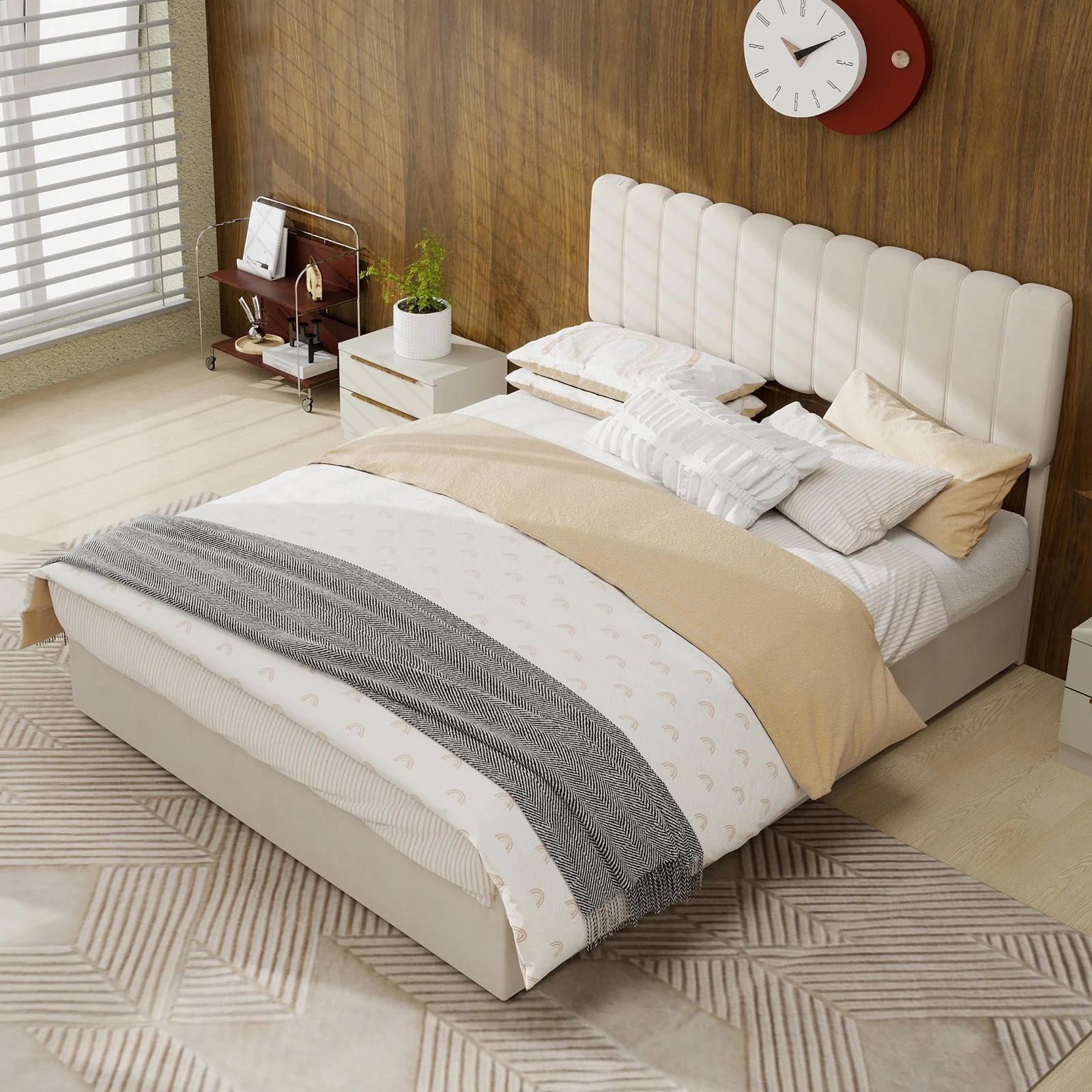 Upholstered Bed 140x200cm Gas Lift Storage Soft Headboard - Beige - Image 9