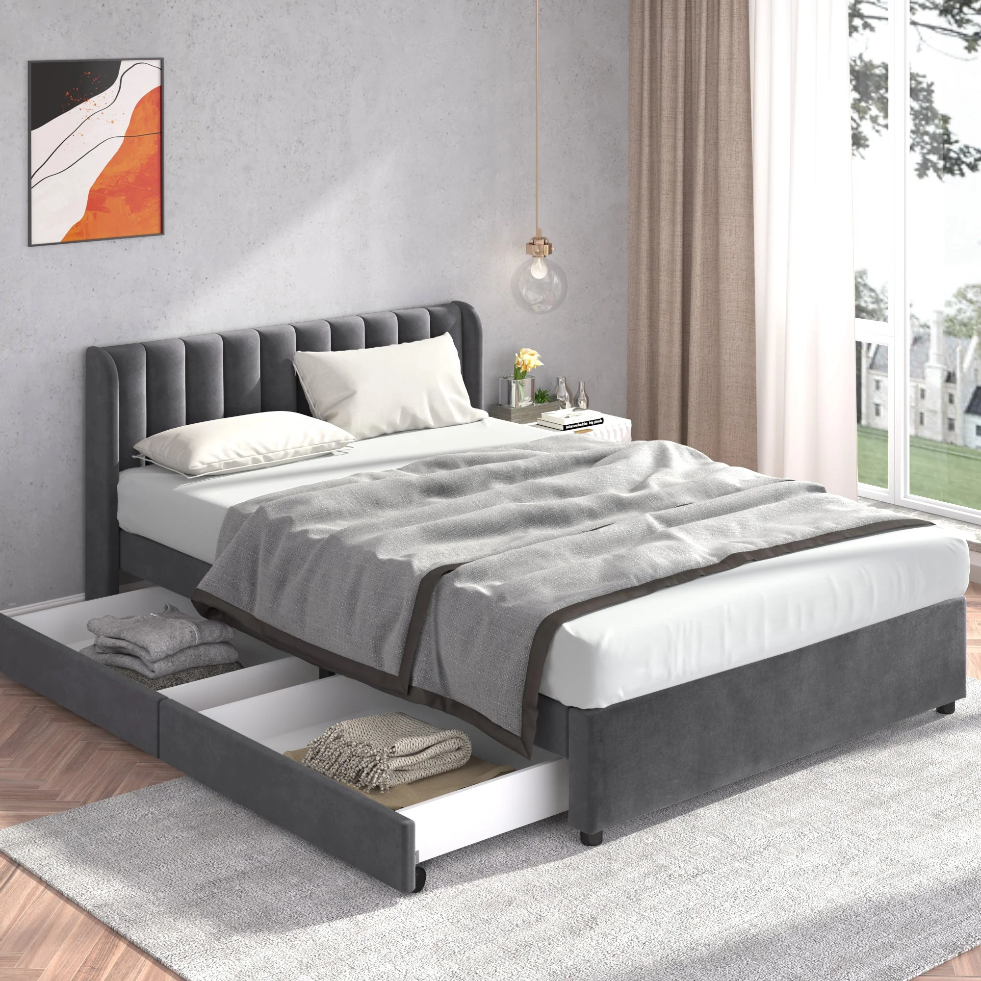 Upholstered Bed 140x200cm Headboard 2 Drawers - Grey Velvet - Image 3
