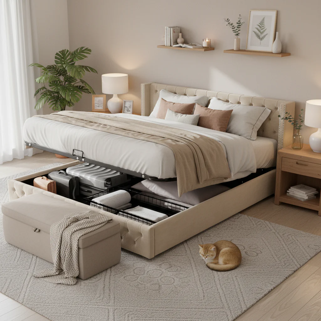 Upholstered Bed 140x200cm Hydraulic Storage Ear Shape Studs Button Tufted - Velvet Beige - Image 2