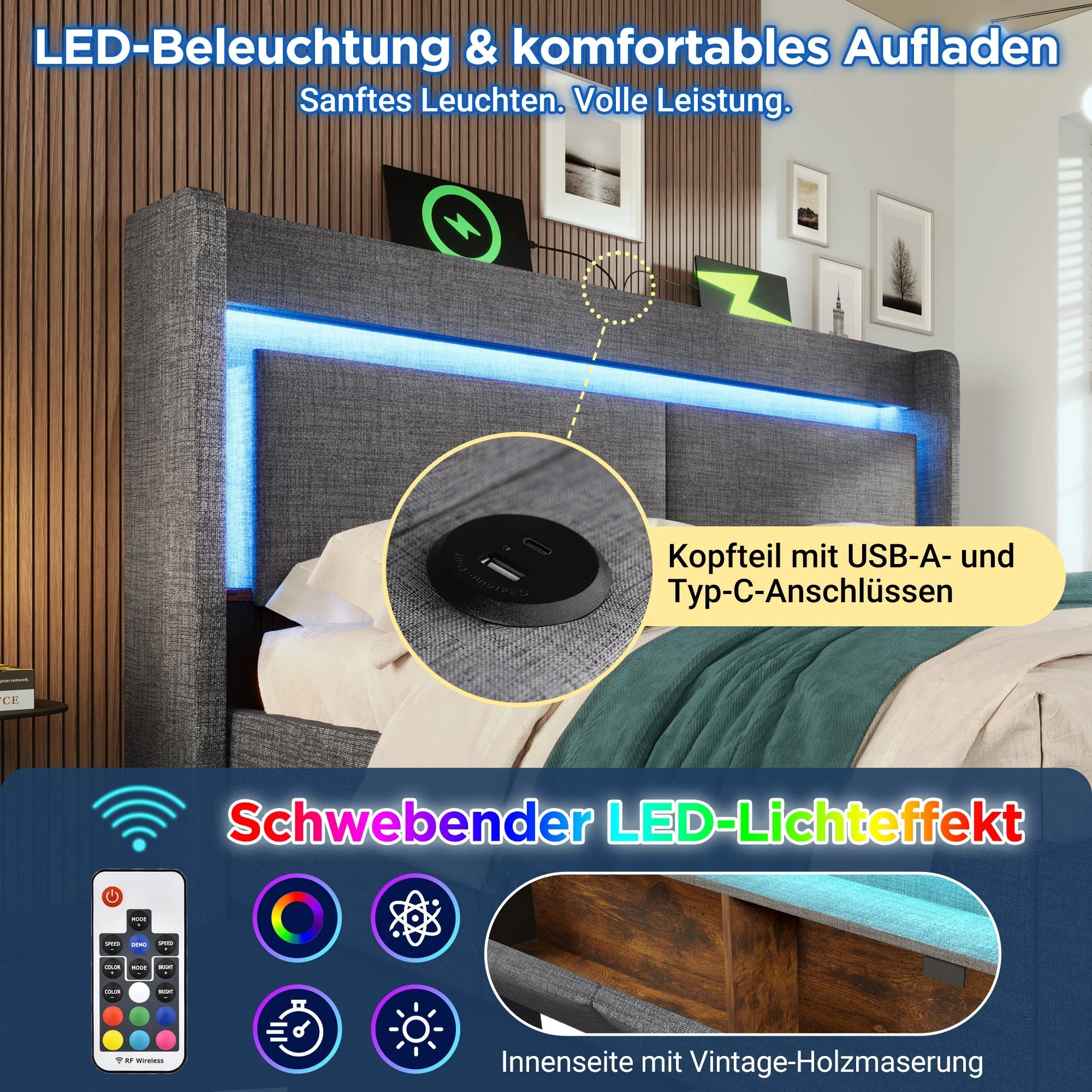 Upholstered Bed 140x200cm Hydraulic Storage Headboard LED USB/USB-C Linen Grey - Image 3