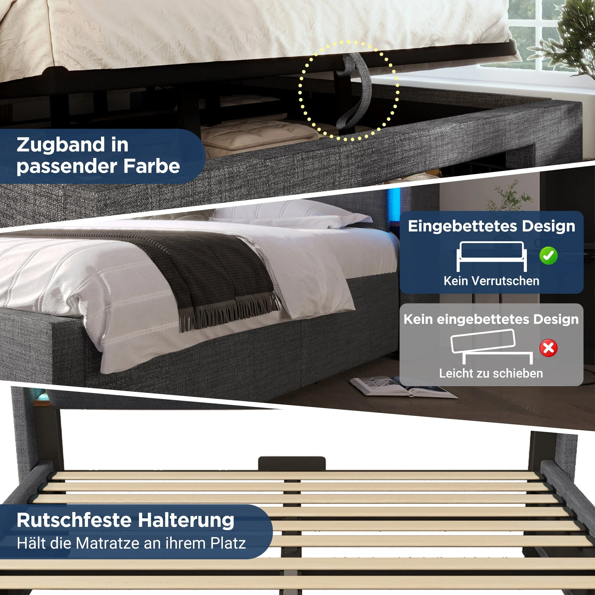 Upholstered Bed 140x200cm Hydraulic Storage Headboard LED USB/USB-C Linen Grey - Image 4