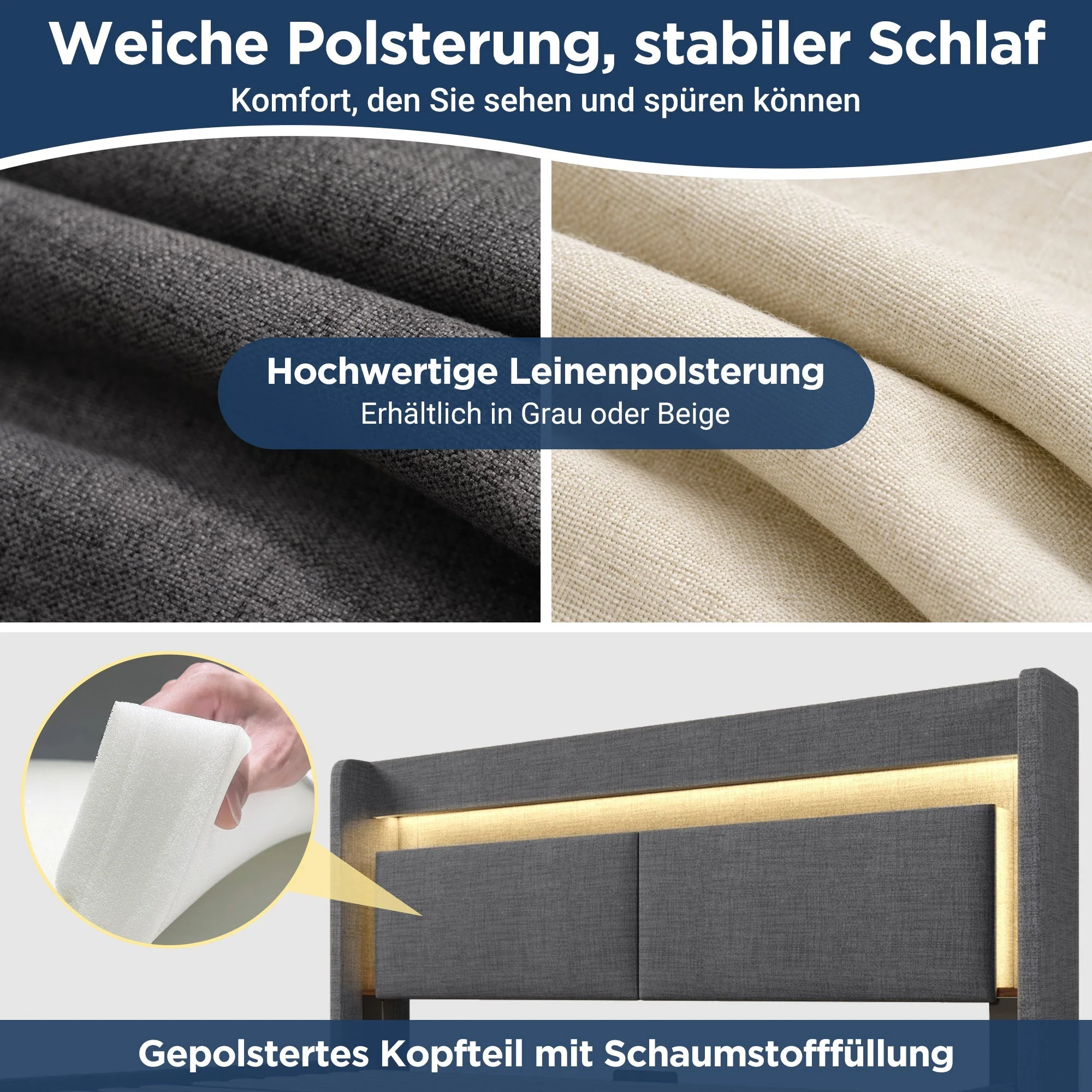 Upholstered Bed 140x200cm Hydraulic Storage Headboard LED USB/USB-C Linen Grey - Image 5