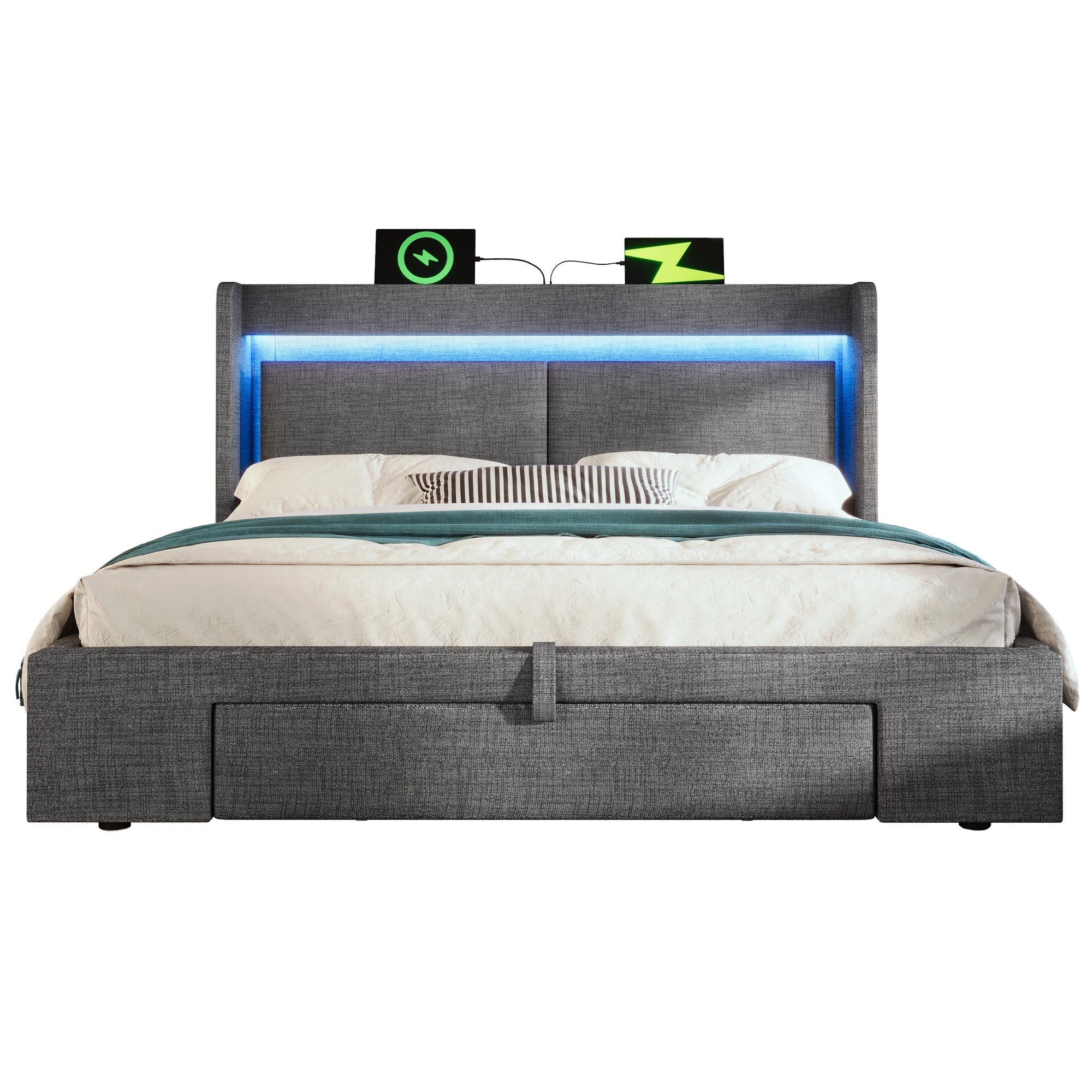 Upholstered Bed 140x200cm Hydraulic Storage Headboard LED USB/USB-C Linen Grey - Image 8