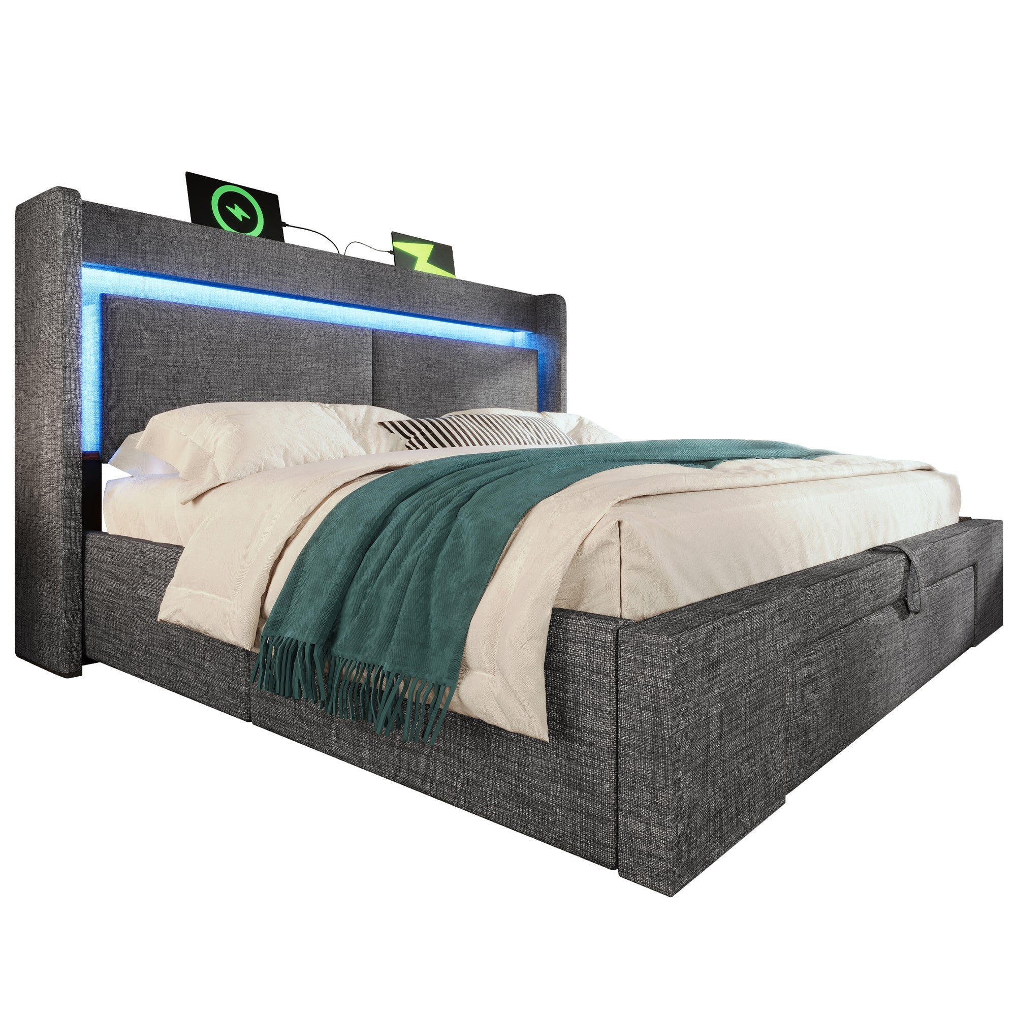 Upholstered Bed 140x200cm Hydraulic Storage Headboard LED USB/USB-C Linen Grey - Image 9
