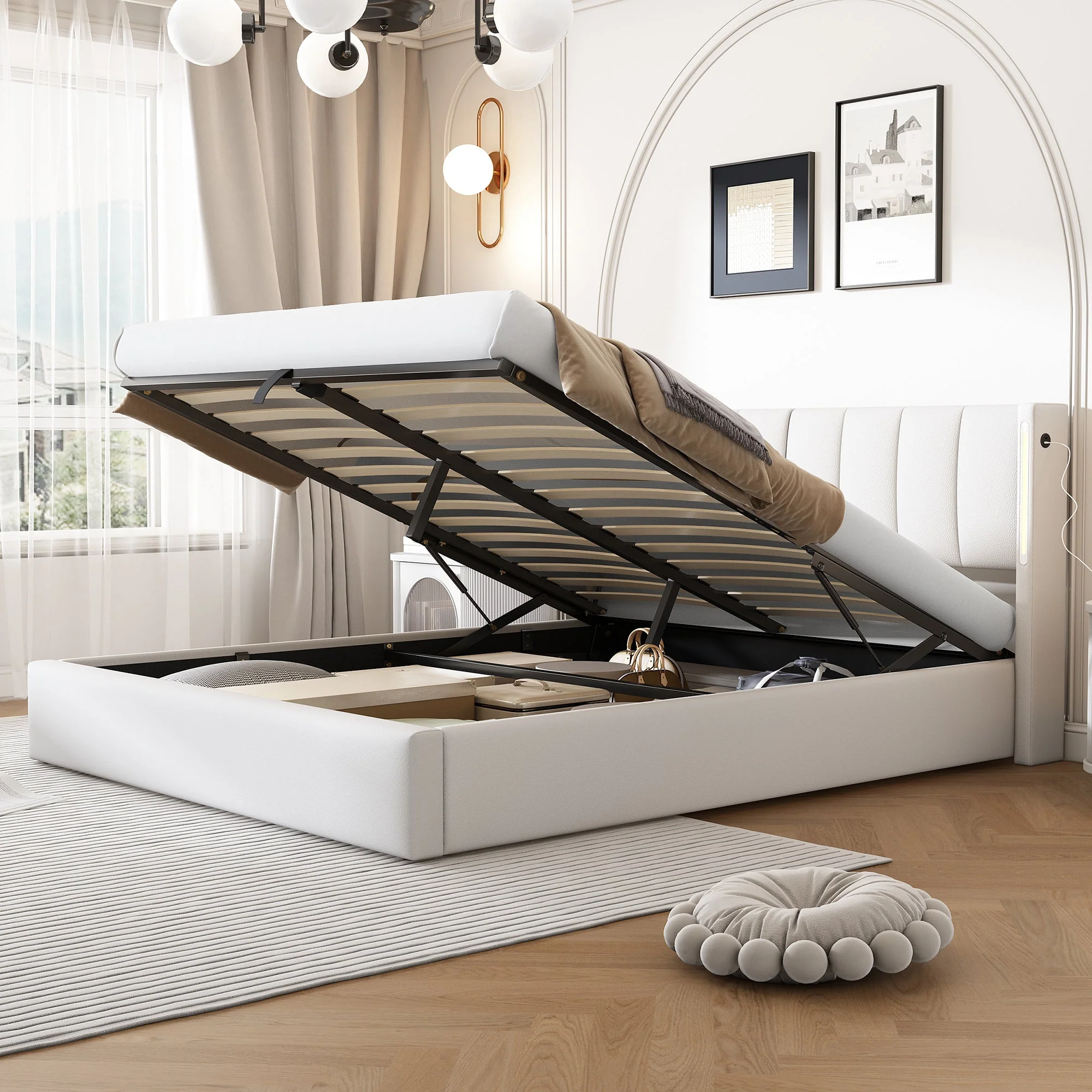 Upholstered Bed 140x200cm Hydraulic Storage LED USB Adjustable Headboard PU Pebble White - Image 2
