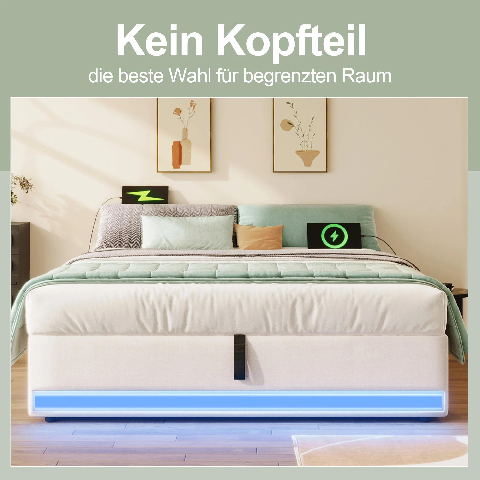Upholstered Bed 140x200cm Hydraulic Storage LED USB/Type-C Pockets - Beige - Image 3
