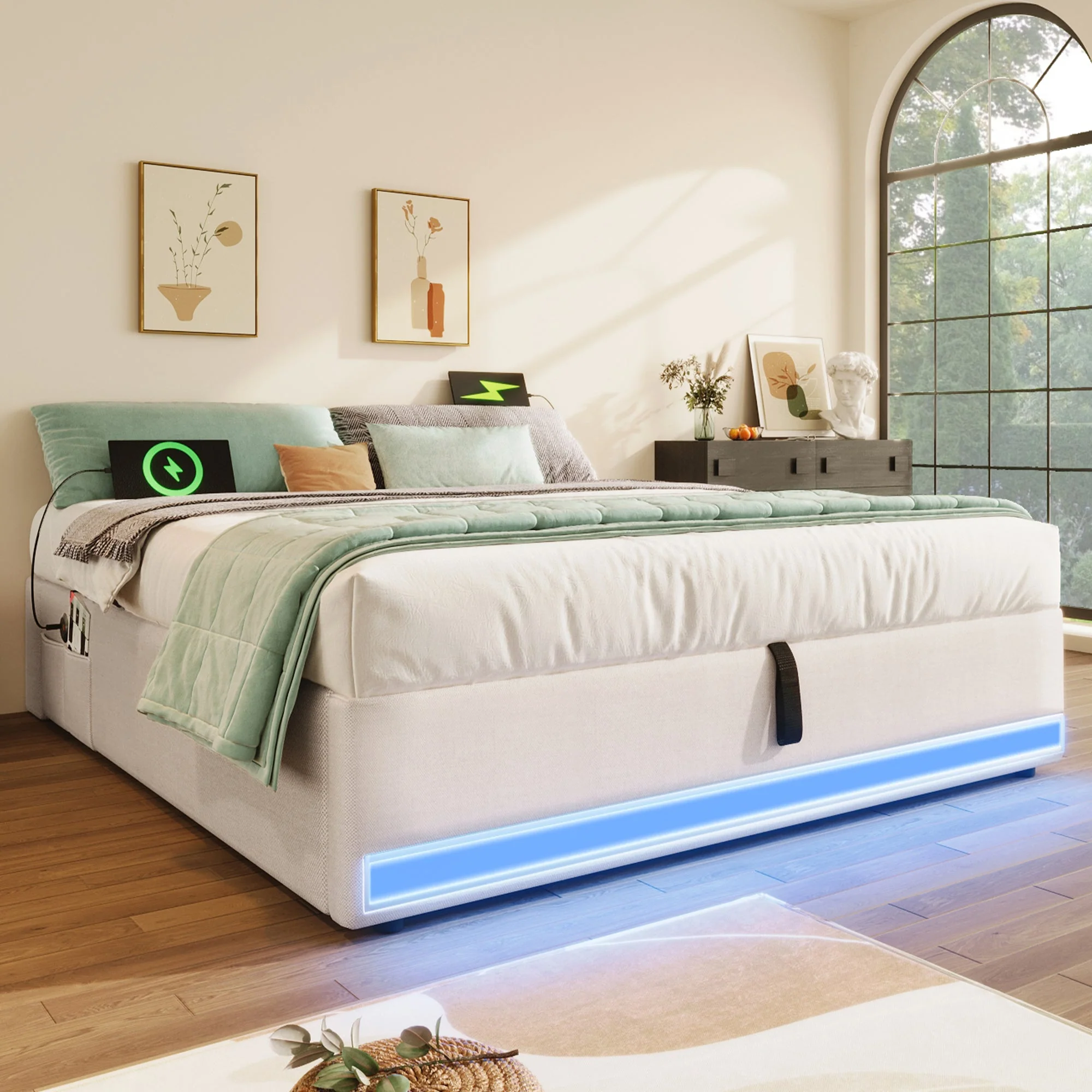 Upholstered Bed 140x200cm Hydraulic Storage LED USB/Type-C Pockets - Beige - Image 4