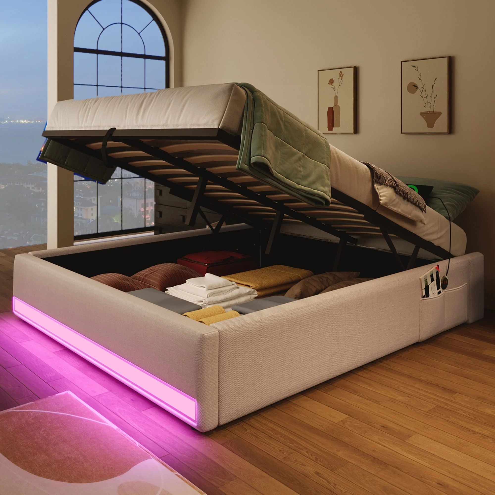 Upholstered Bed 140x200cm Hydraulic Storage LED USB/Type-C Pockets - Beige - Image 5