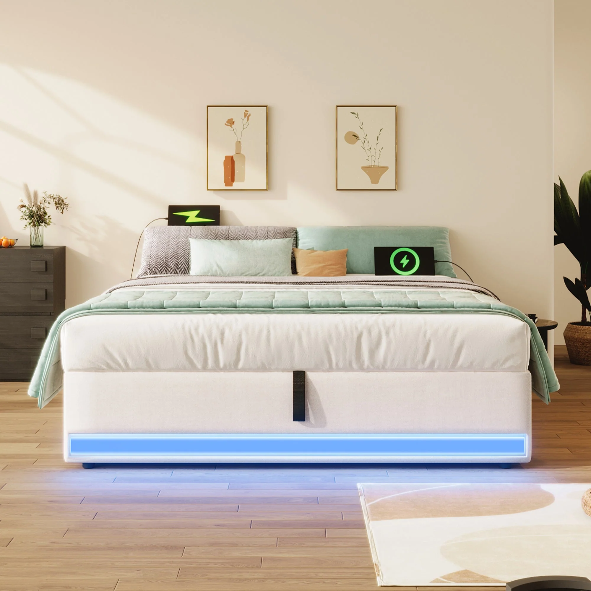 Upholstered Bed 140x200cm Hydraulic Storage LED USB/Type-C Pockets - Beige - Image 6