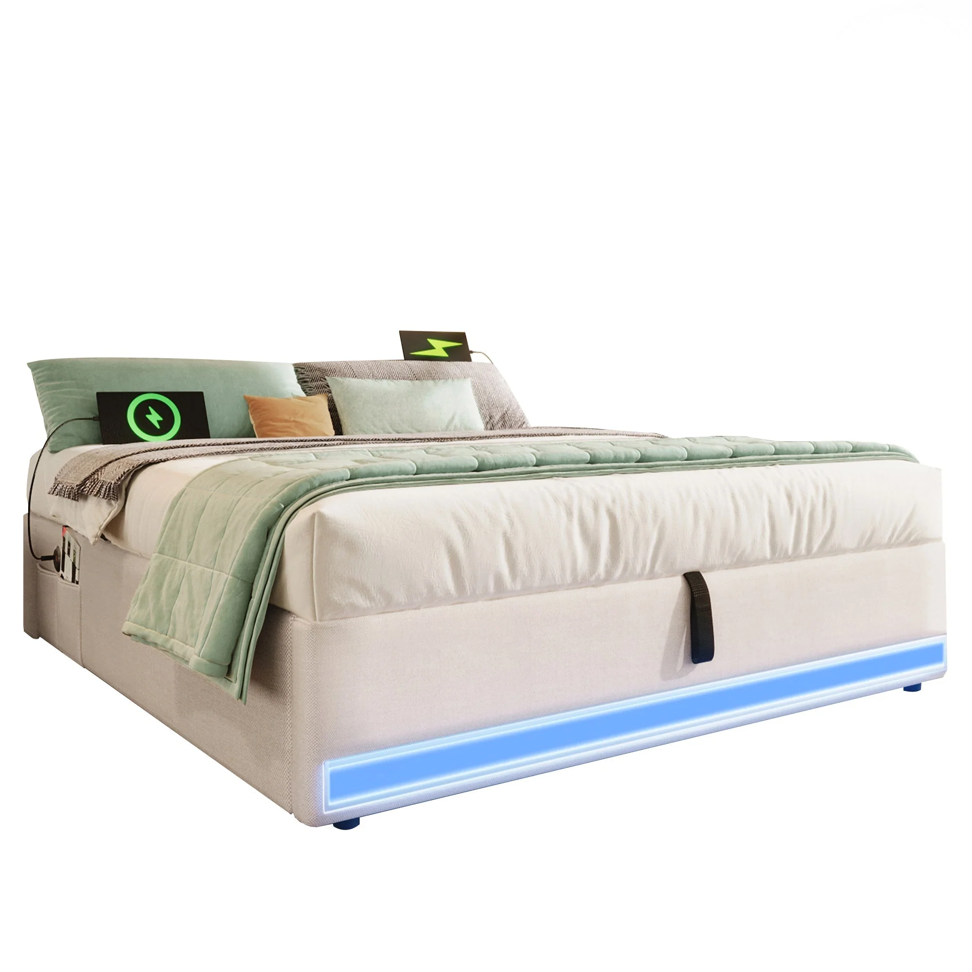 Upholstered Bed 140x200cm Hydraulic Storage LED USB/Type-C Pockets - Beige - Image 7