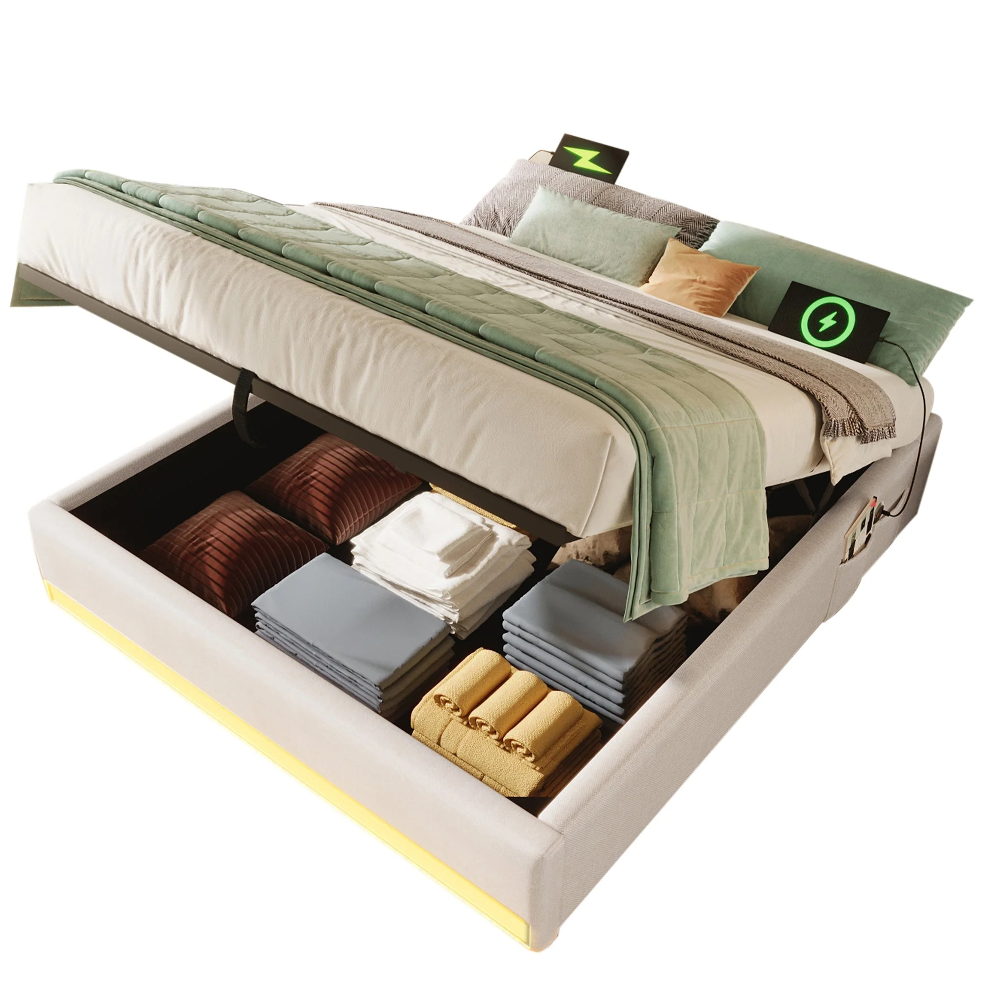 Upholstered Bed 140x200cm Hydraulic Storage LED USB/Type-C Pockets - Beige - Image 8