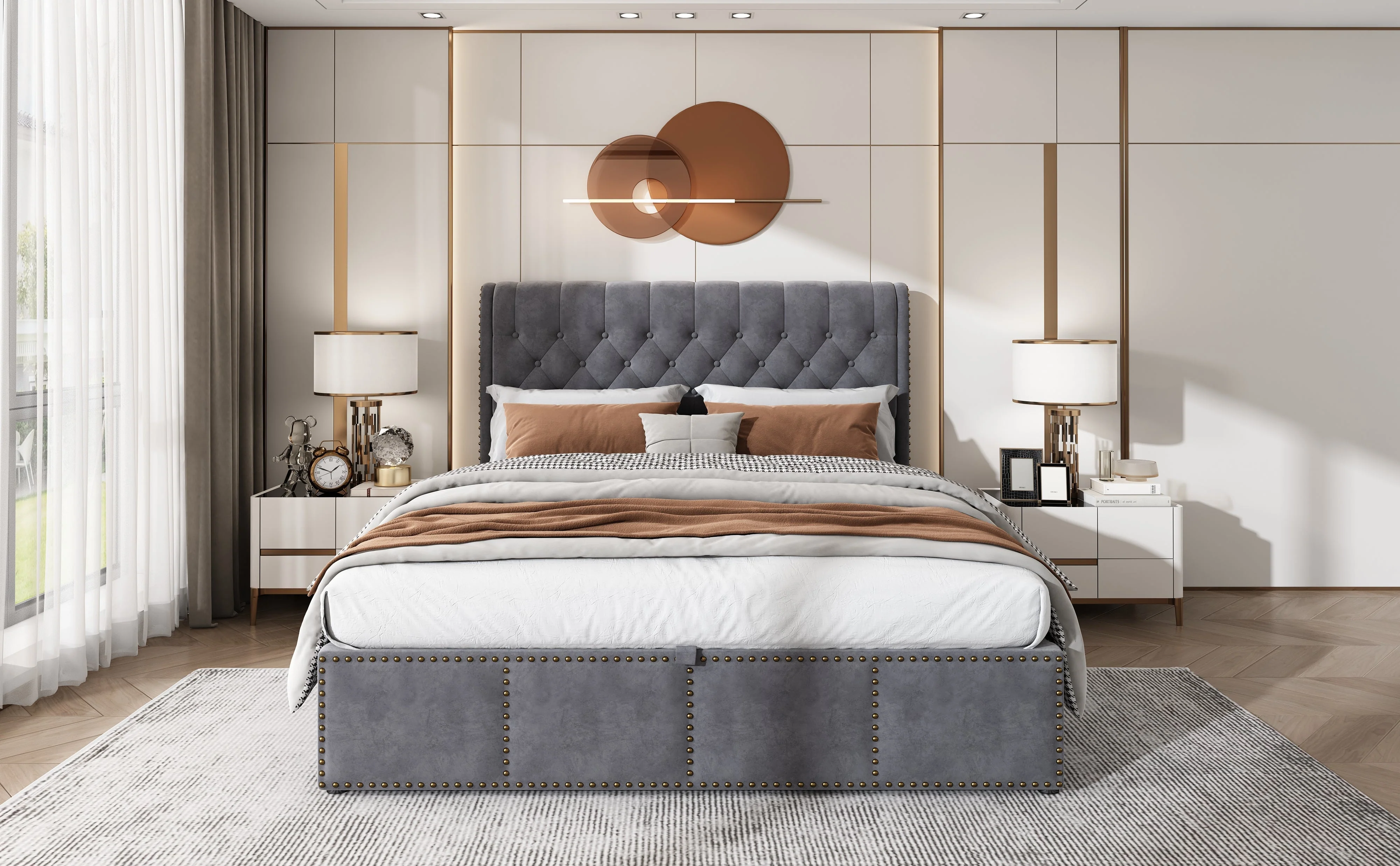 Upholstered Bed 140x200cm Hydraulic Storage Studded - Velvet Grey - Image 9