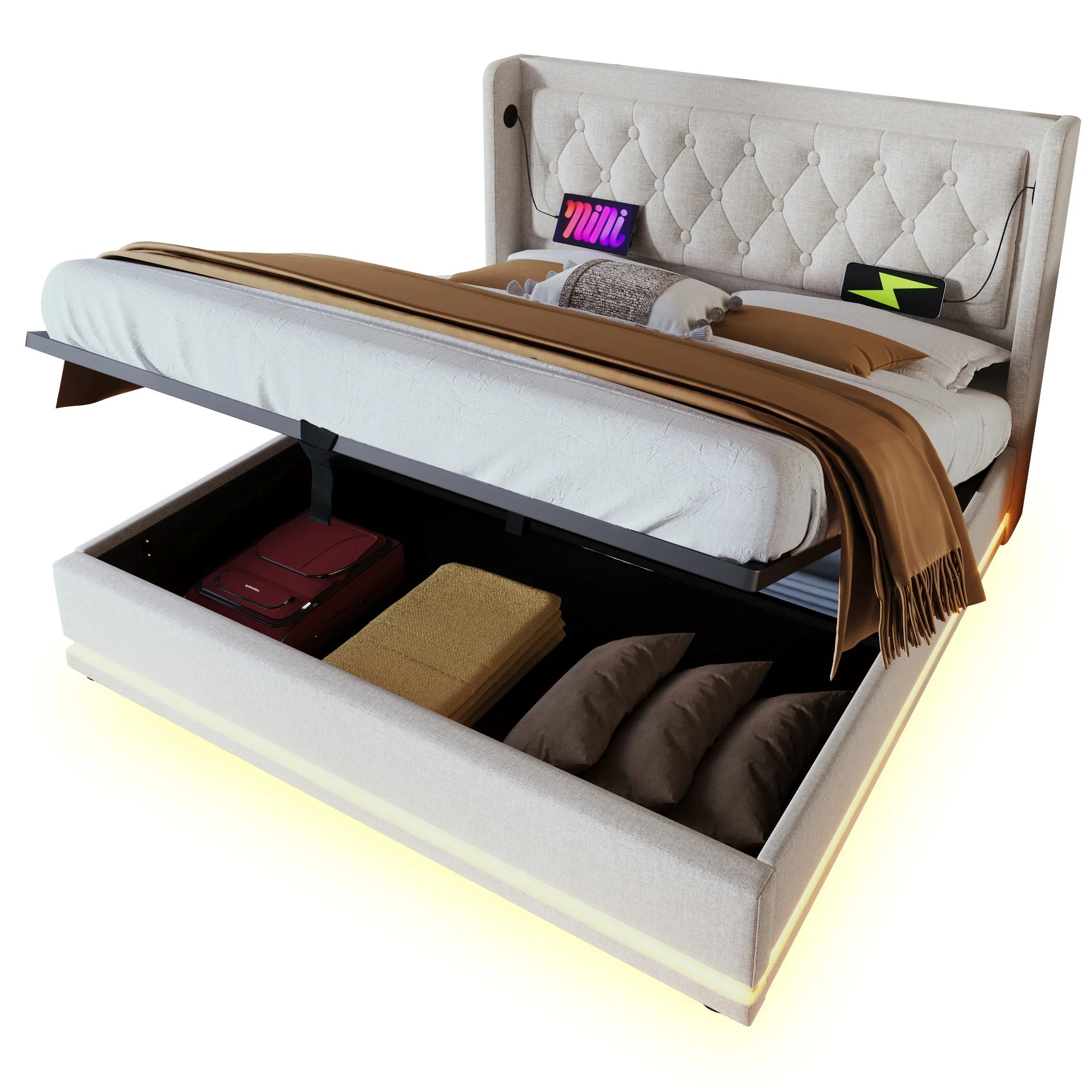 Upholstered Bed, 140x200cm Hydraulic Storage, USB-C Charging, LED, Beige Cotton - Image 8
