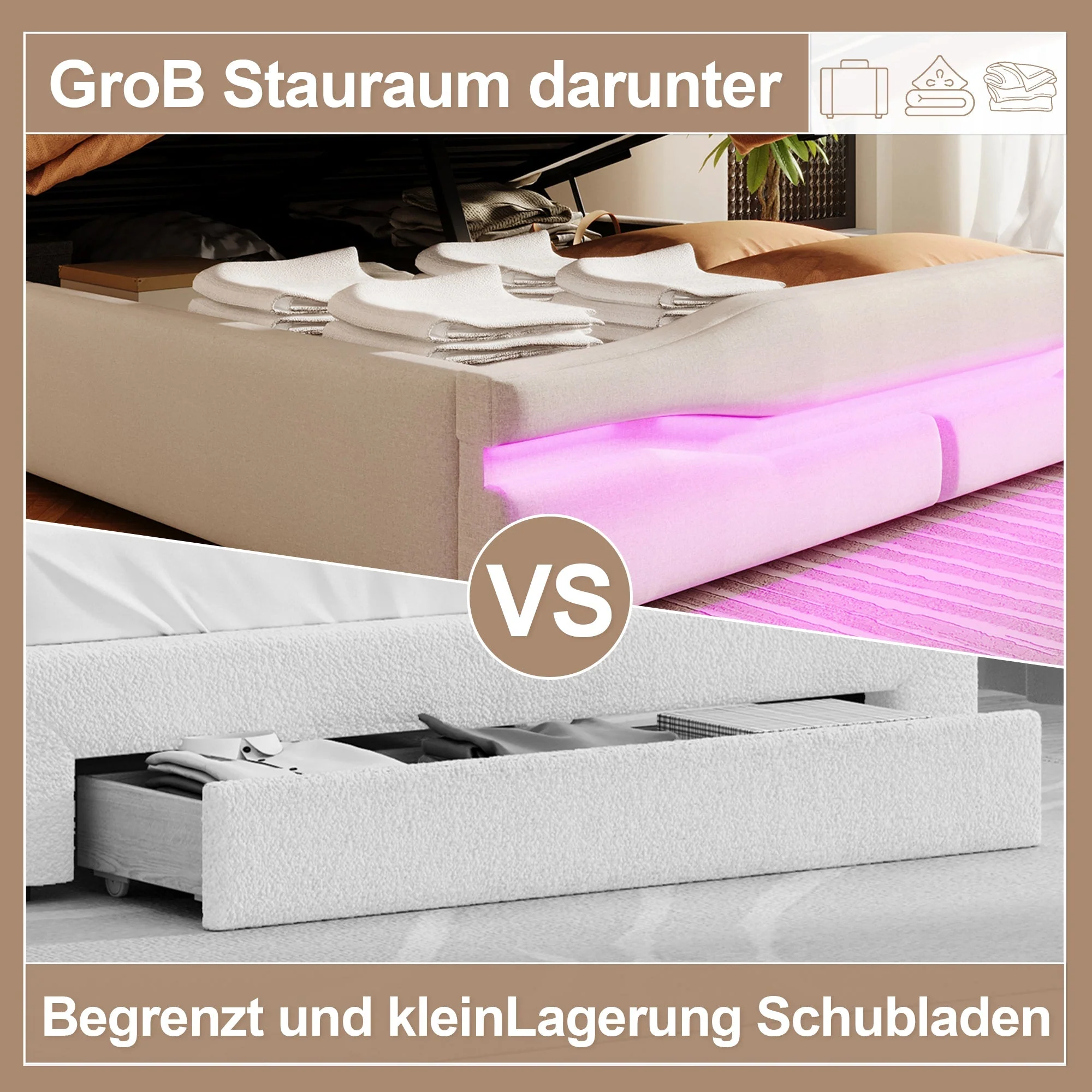 Upholstered Bed 140x200cm Hydraulic Storage USB-C LED Headboard Compartment Beige - Image 6