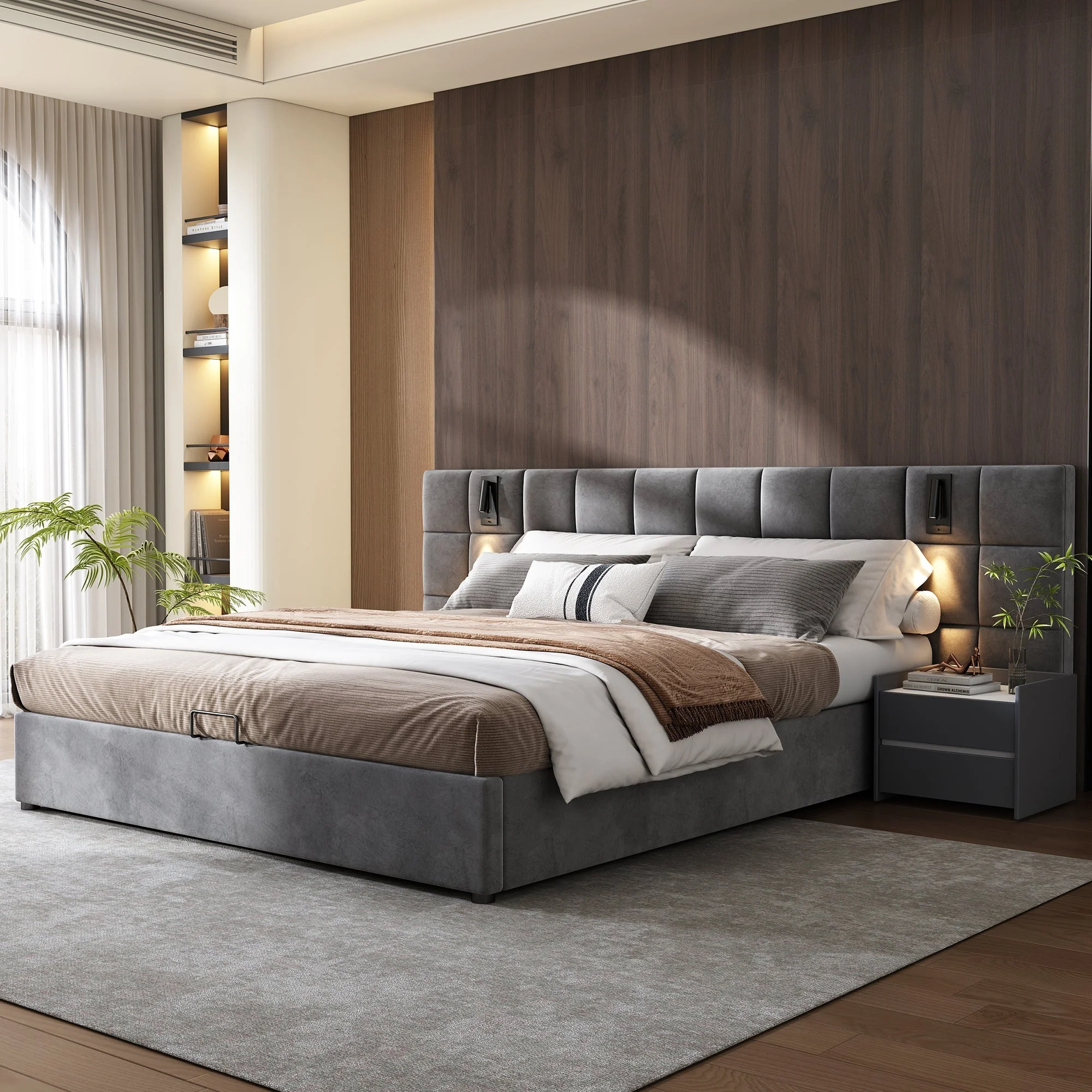 Upholstered Bed 140x200cm Hydraulic Storage USB Lamp Checkerboard - Velvet Grey - Image 3