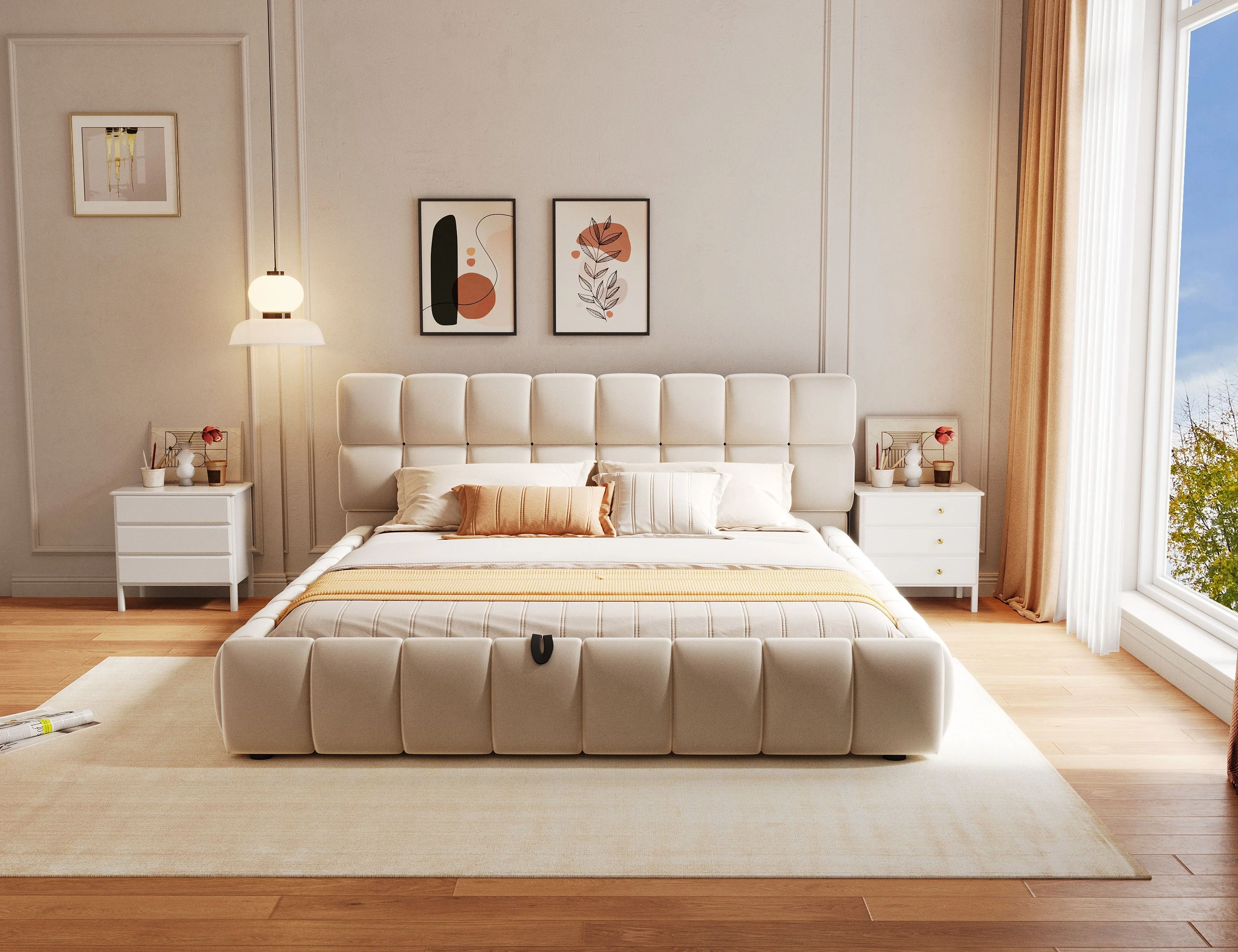 Upholstered Bed 140x200cm Hydraulic Storage, Velvet Beige - Image 8