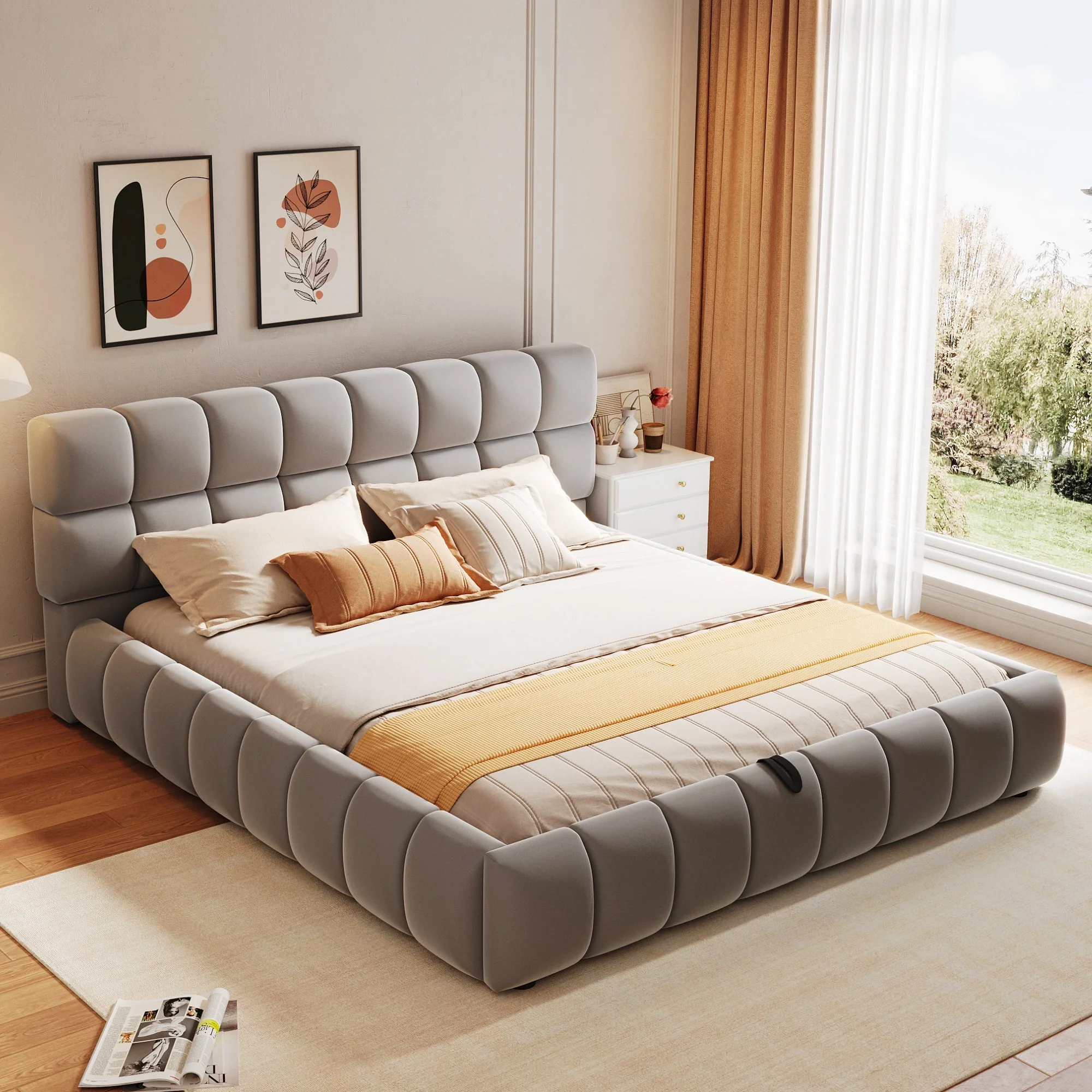 Upholstered Bed 140x200cm Hydraulic Storage Velvet Grey - Image 4