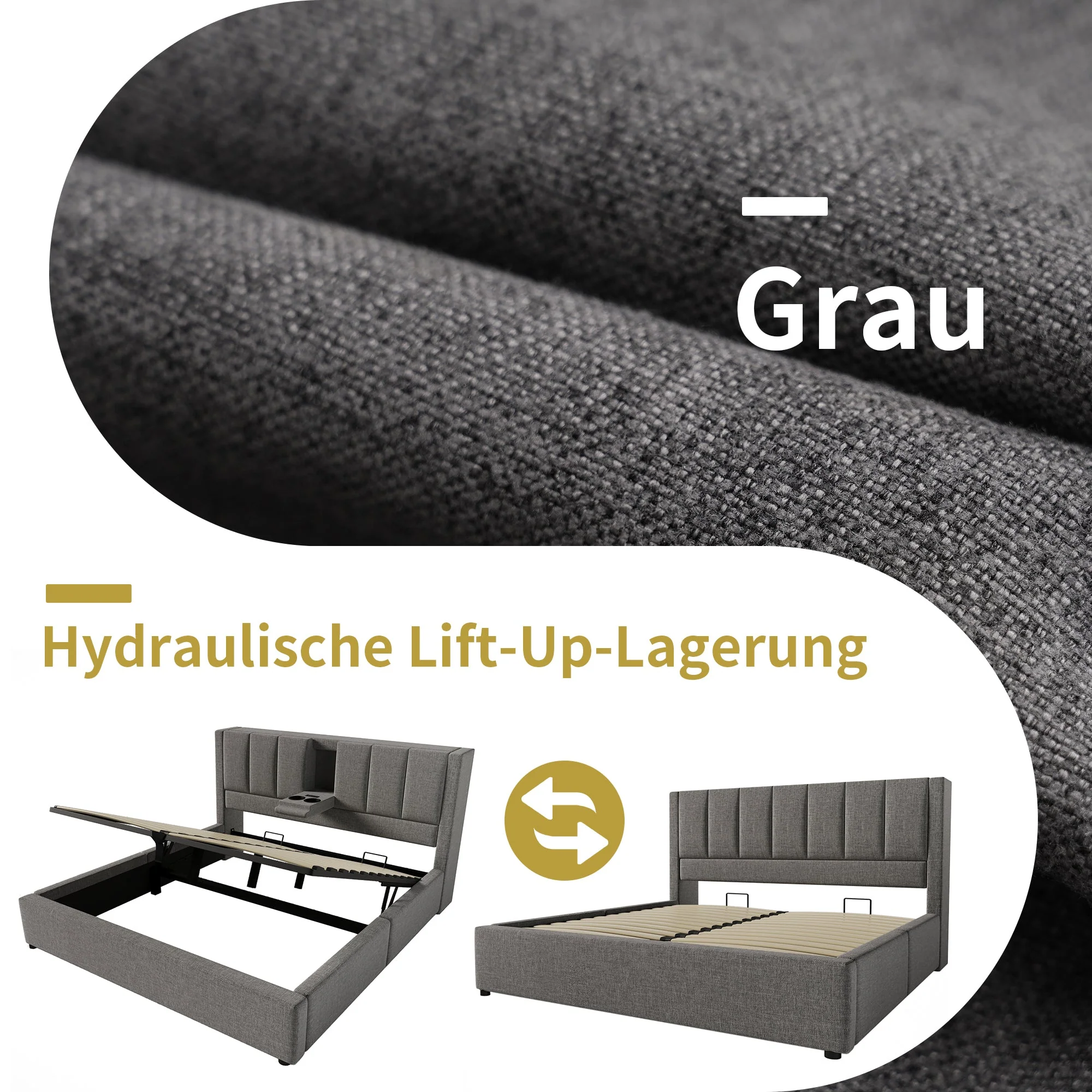 Upholstered Bed 140x200cm Hydraulic Storage with Charging Station and Cup Holder Linen Grey - Image 4