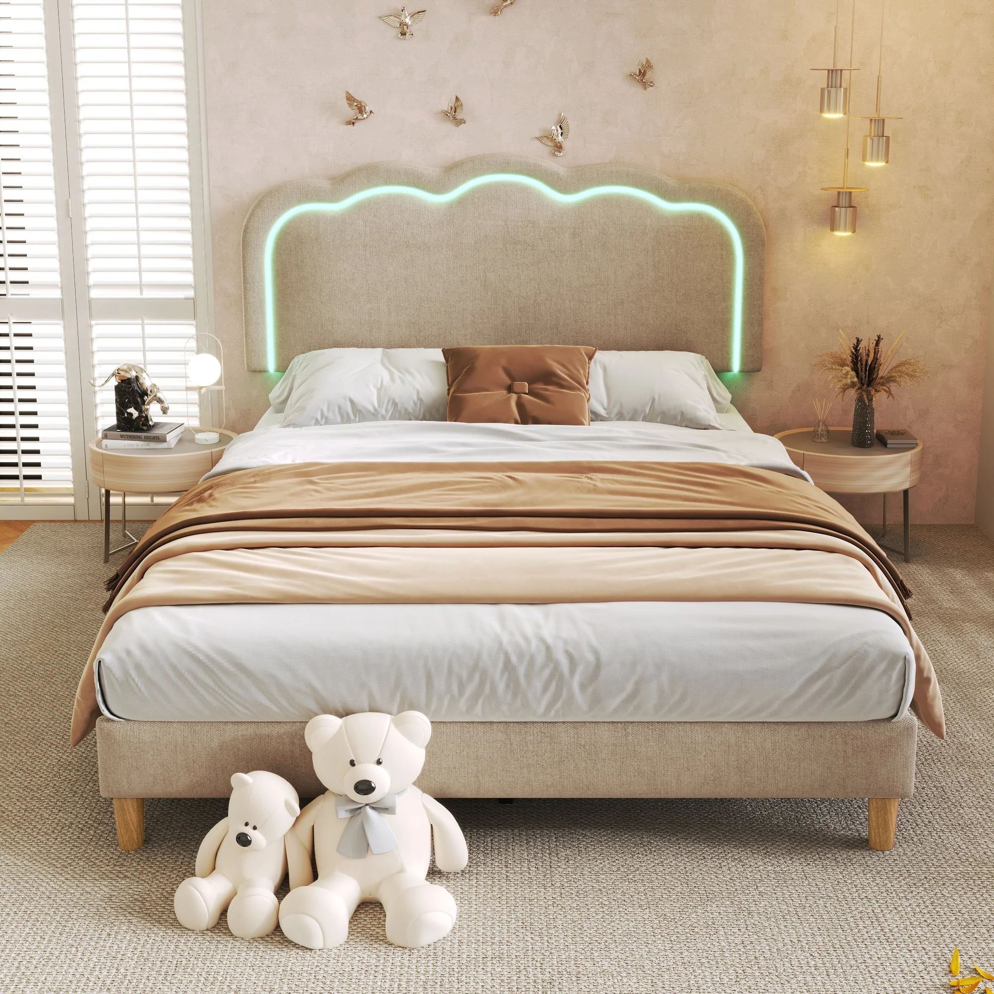 Upholstered Bed, 140x200cm LED Double with Adjustable Headboard, Beige Linen - Image 2