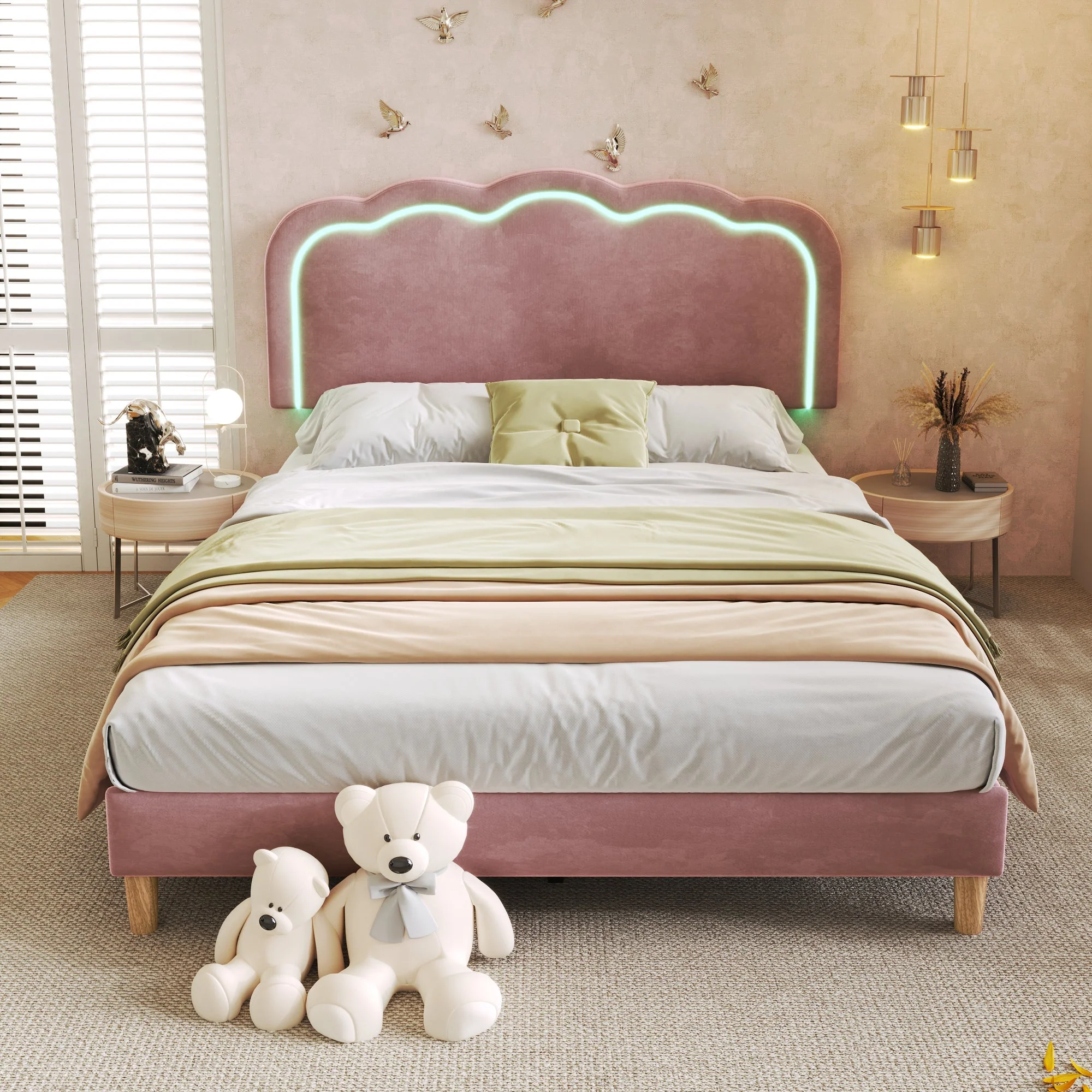 Upholstered Bed, 140x200cm LED Double with Adjustable Headboard, Pink Velvet - Image 2