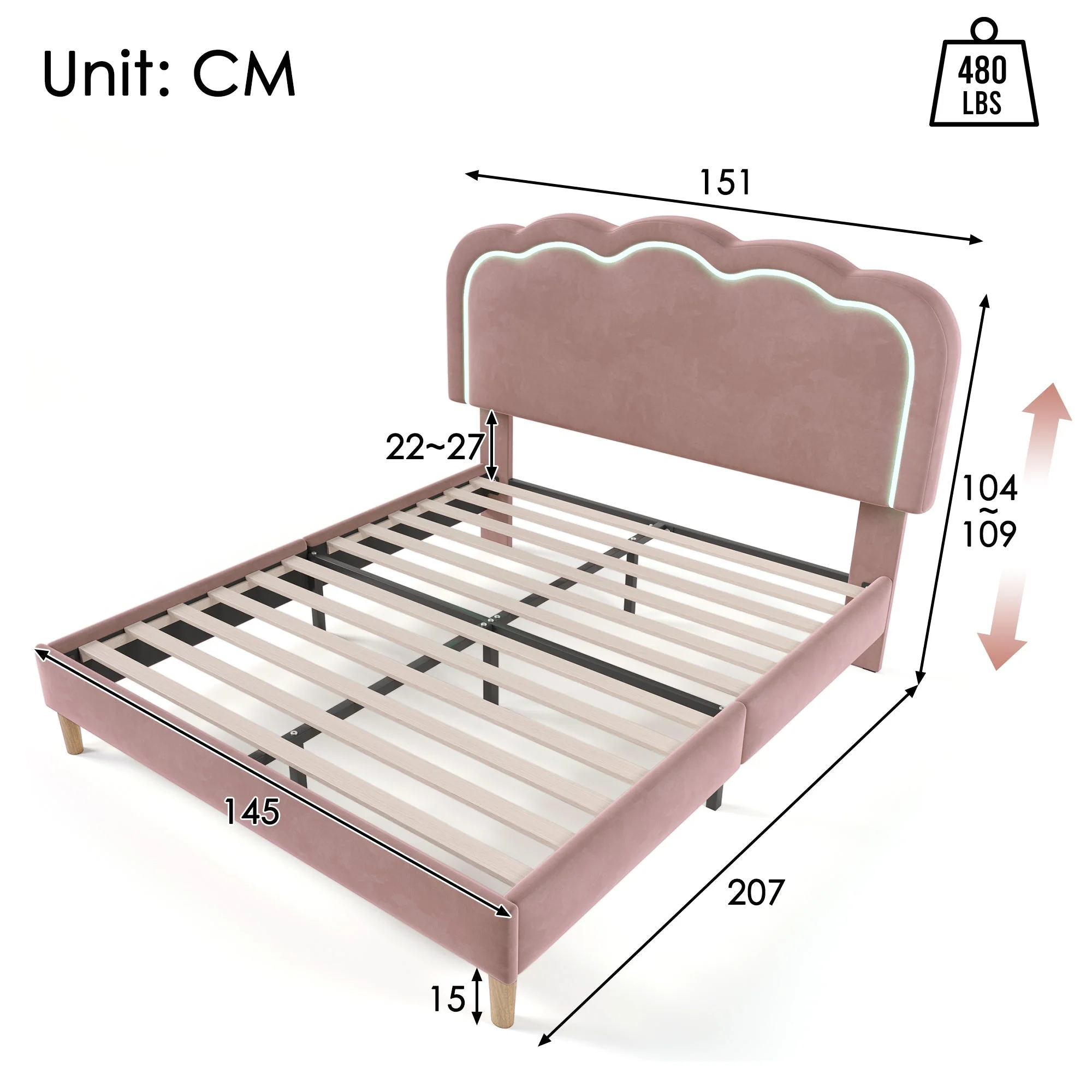 Upholstered Bed, 140x200cm LED Double with Adjustable Headboard, Pink Velvet - Image 3