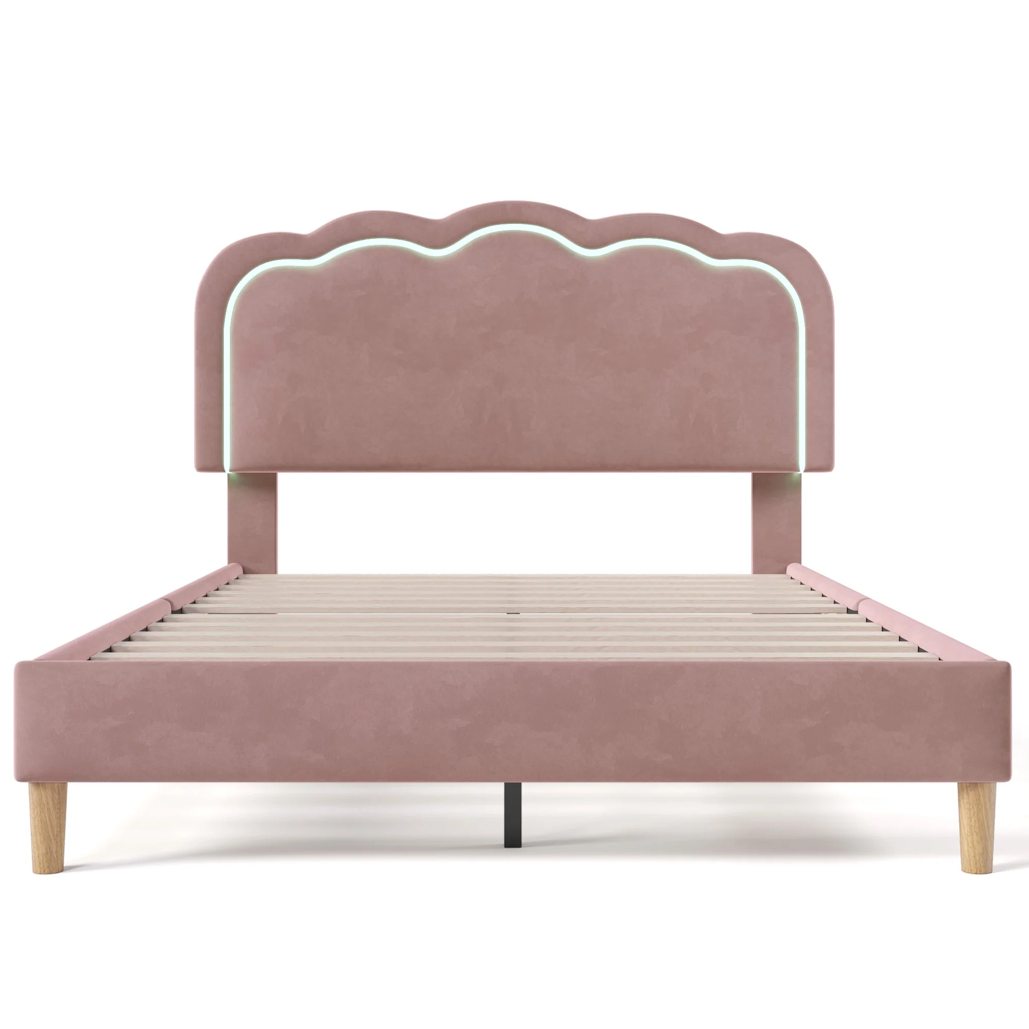 Upholstered Bed, 140x200cm LED Double with Adjustable Headboard, Pink Velvet - Image 4