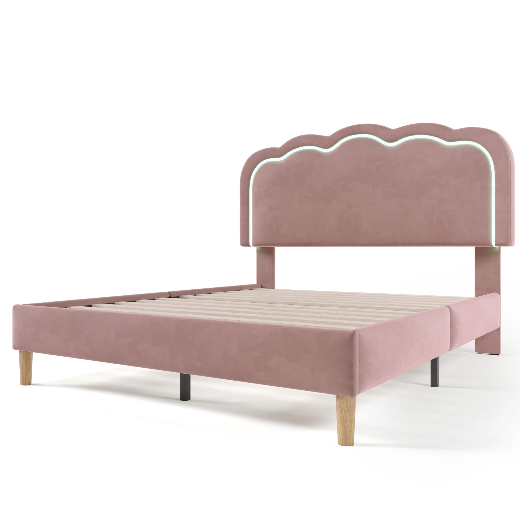Upholstered Bed, 140x200cm LED Double with Adjustable Headboard, Pink Velvet - Image 5