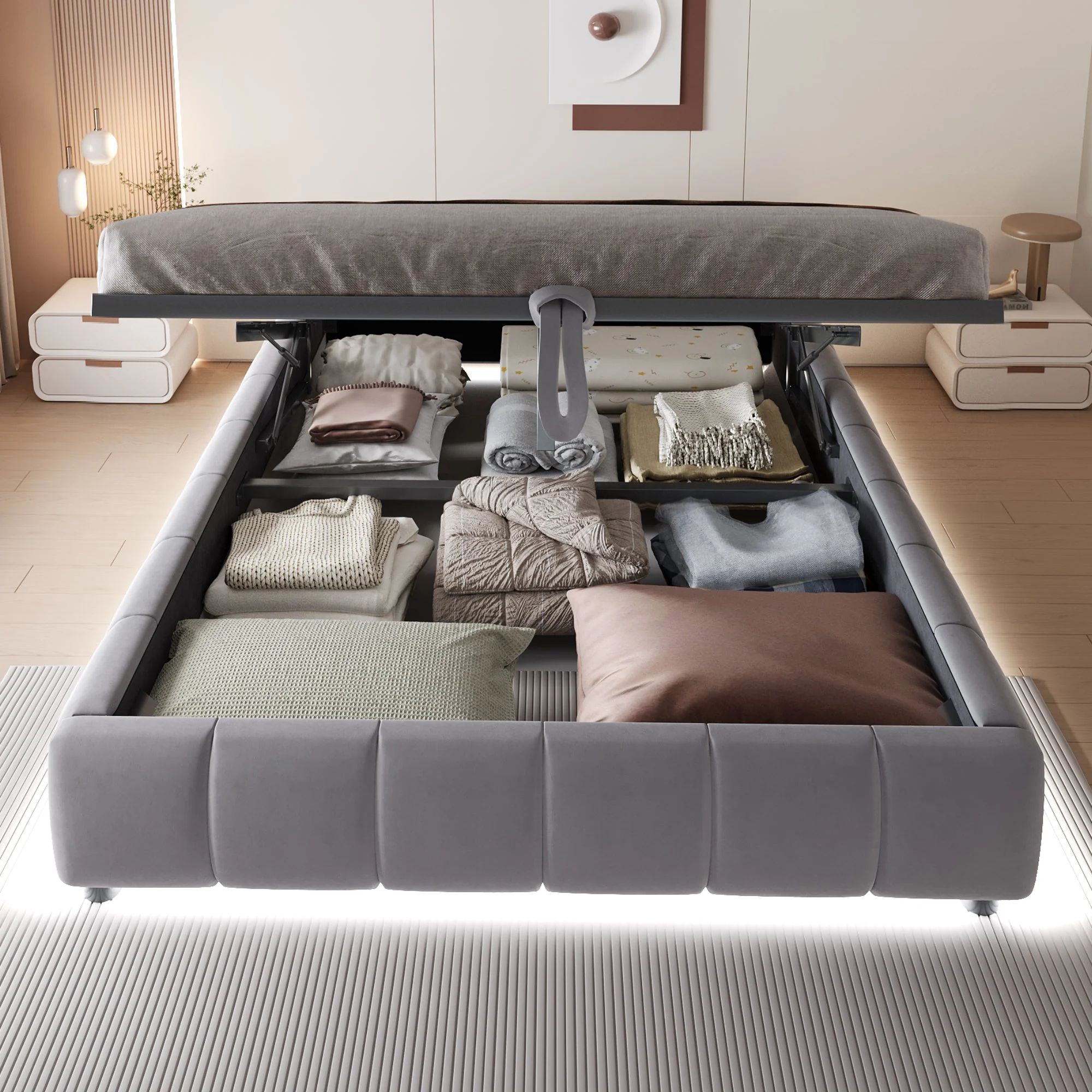 Upholstered Bed, 140x200cm LED Floating with Storage, Grey - Image 2