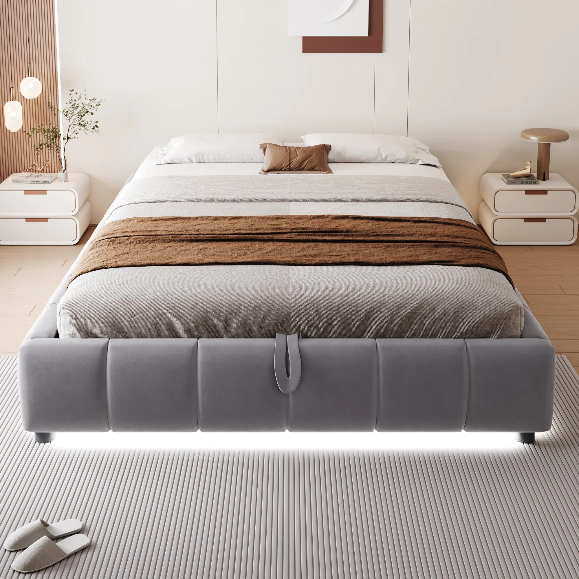Upholstered Bed, 140x200cm LED Floating with Storage, Grey - Image 3