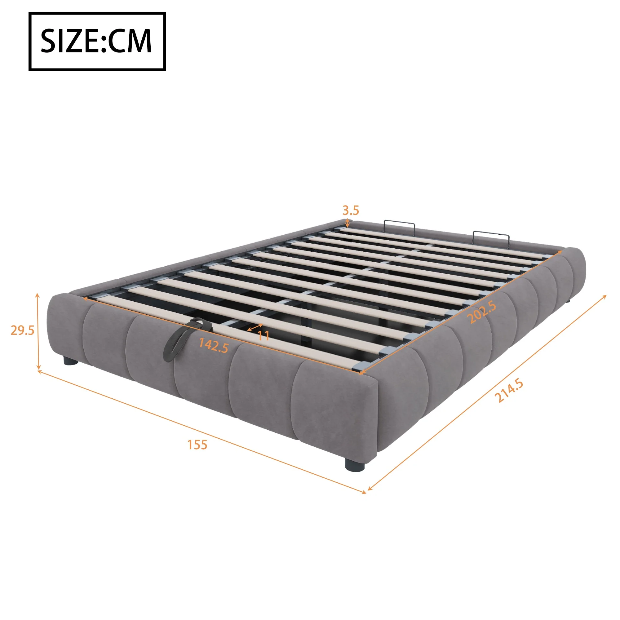 Upholstered Bed, 140x200cm LED Floating with Storage, Grey - Image 4