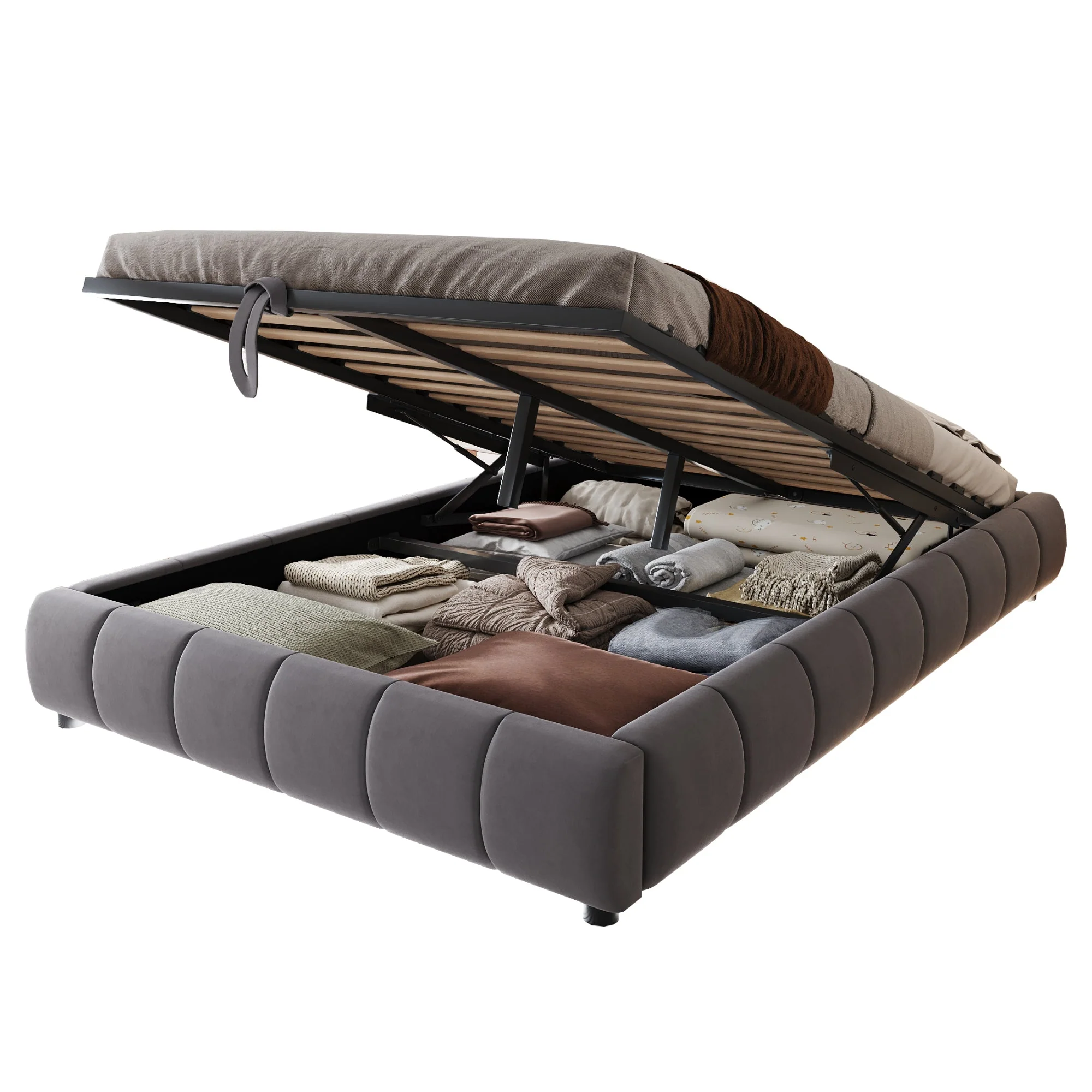 Upholstered Bed, 140x200cm LED Floating with Storage, Grey - Image 5