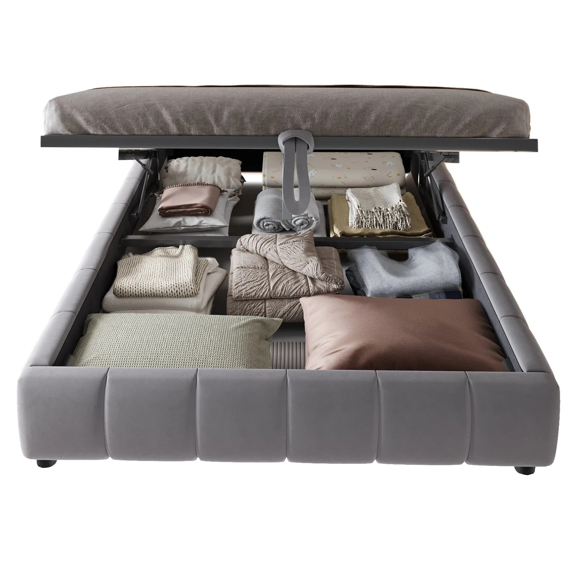 Upholstered Bed, 140x200cm LED Floating with Storage, Grey - Image 6