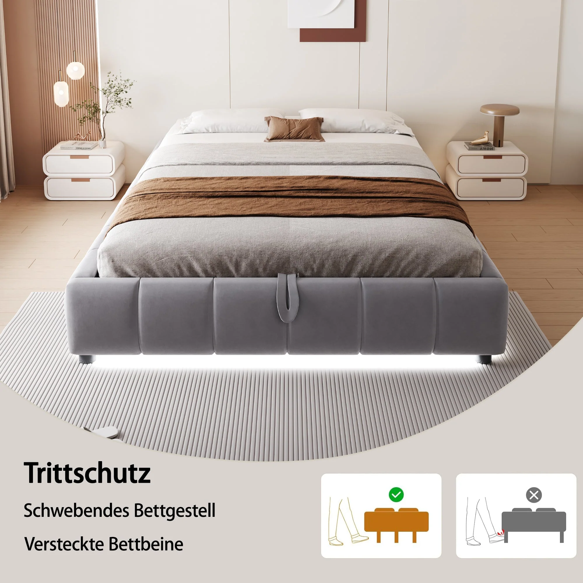Upholstered Bed, 140x200cm LED Floating with Storage, Grey - Image 7