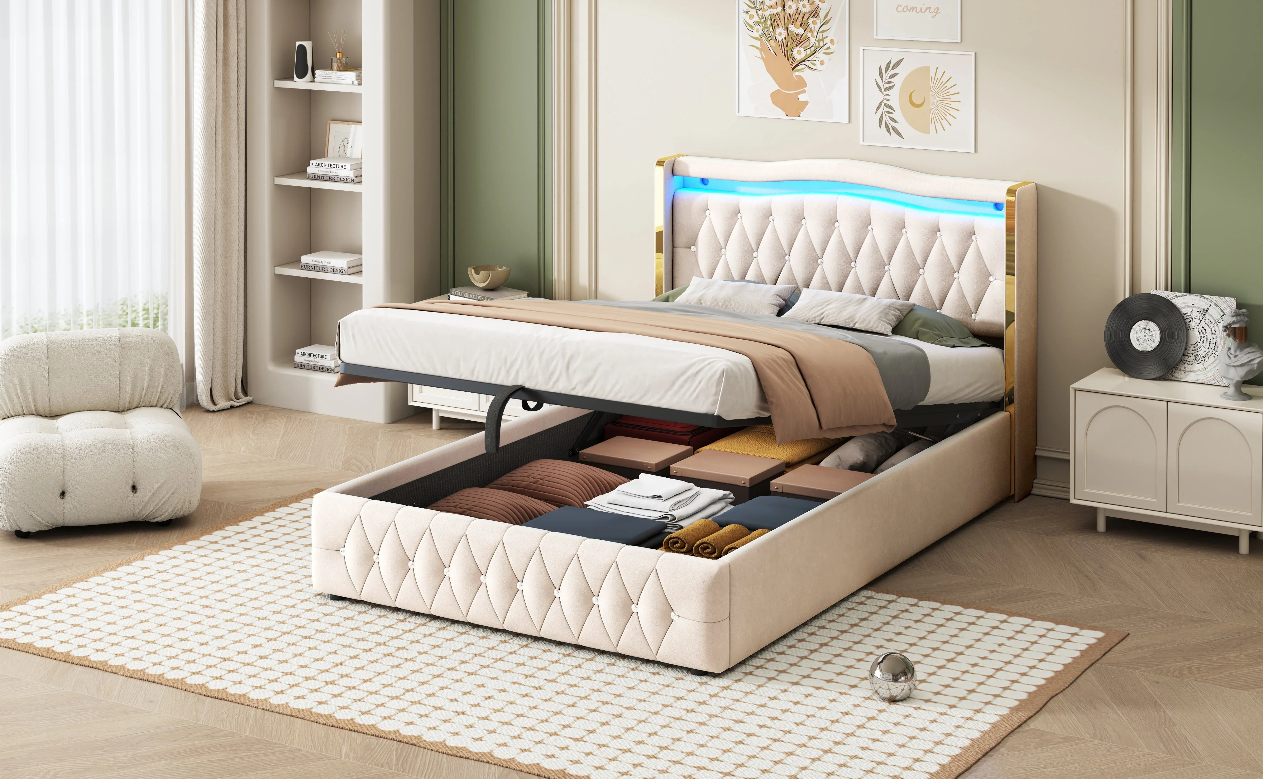 Upholstered Bed, 140x200cm, LED, Hydraulic Storage, Velvet Fabric, Beige - Image 6