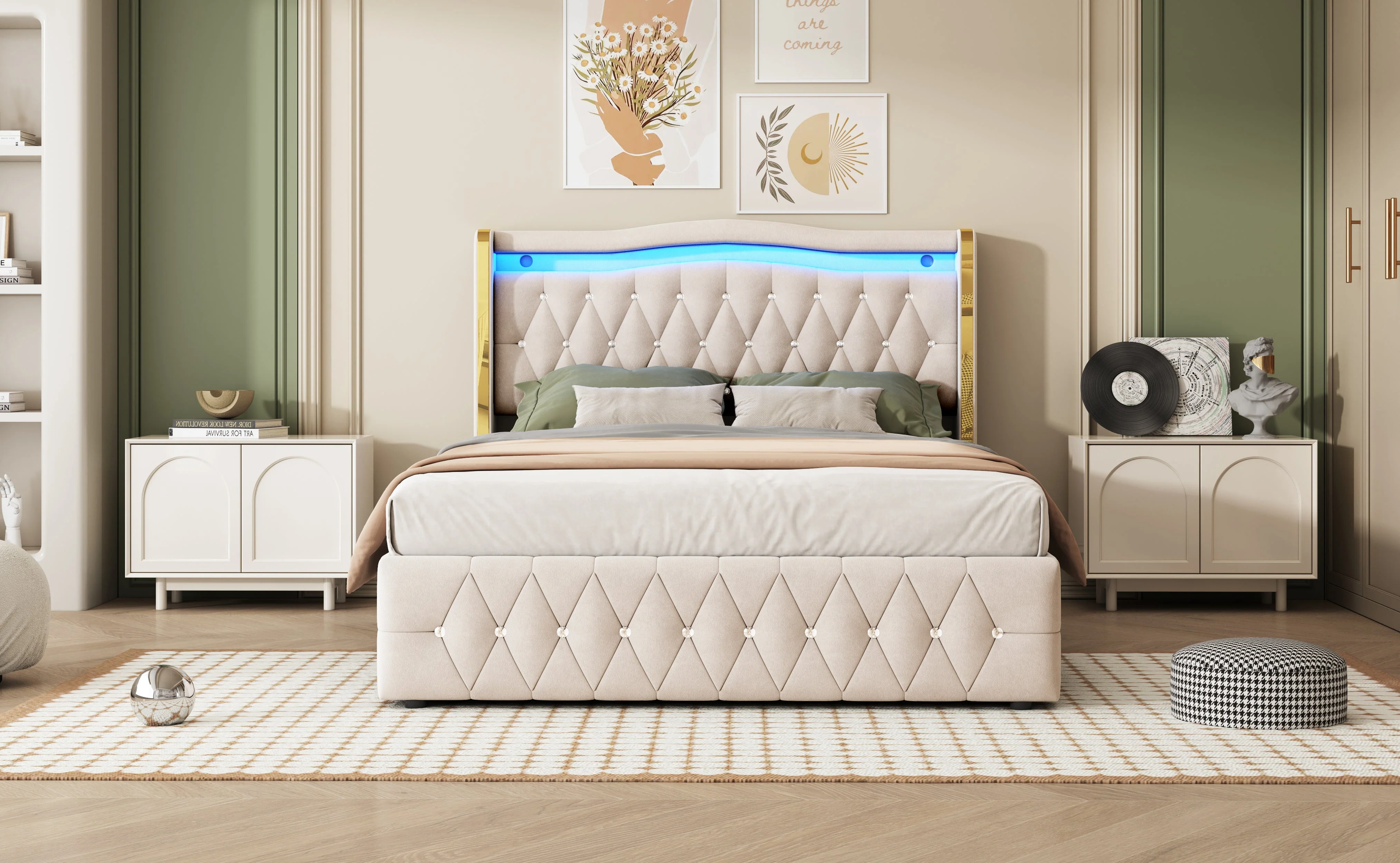 Upholstered Bed, 140x200cm, LED, Hydraulic Storage, Velvet Fabric, Beige - Image 8