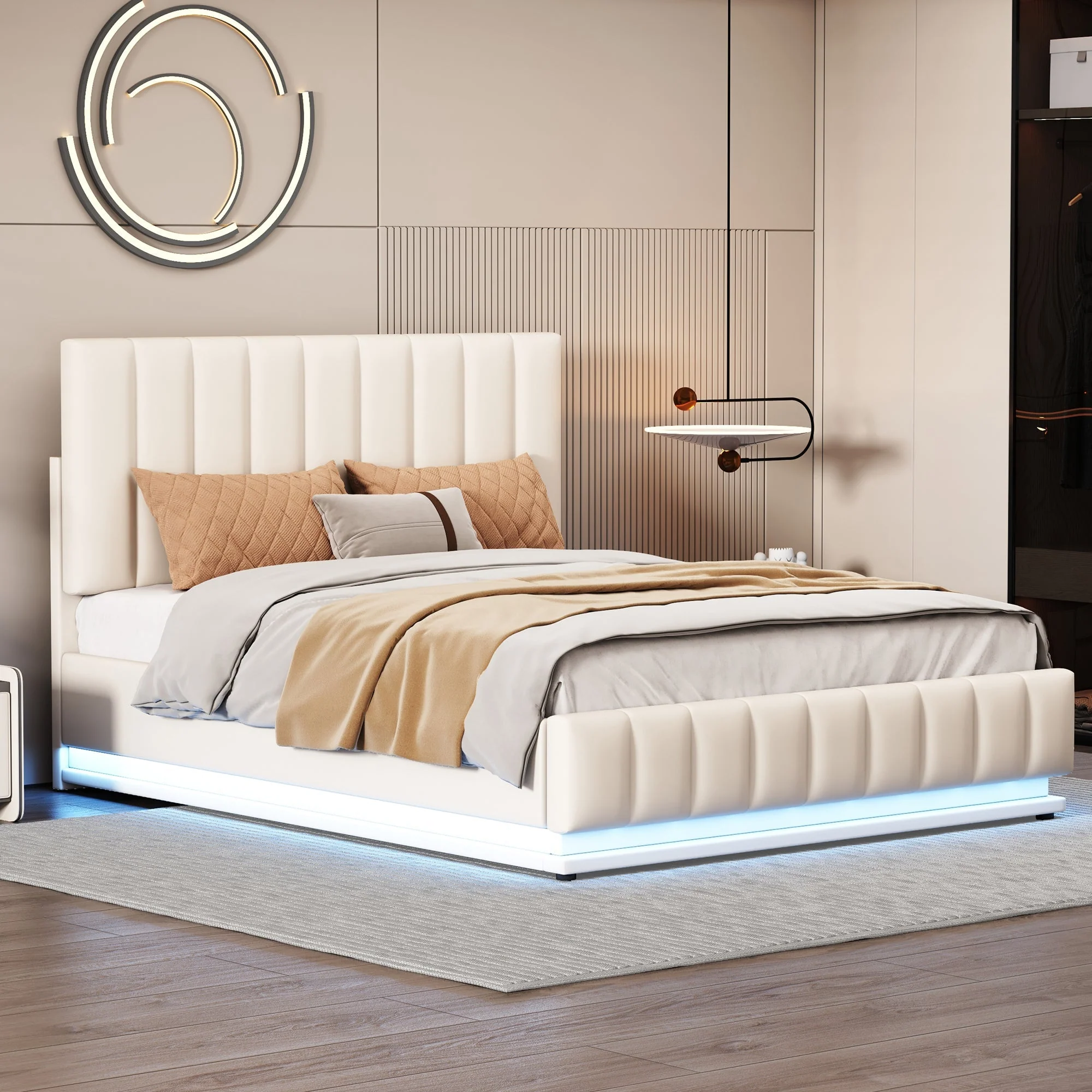 Upholstered Bed, 140x200cm, LED, Hydraulic Storage, White - Image 3