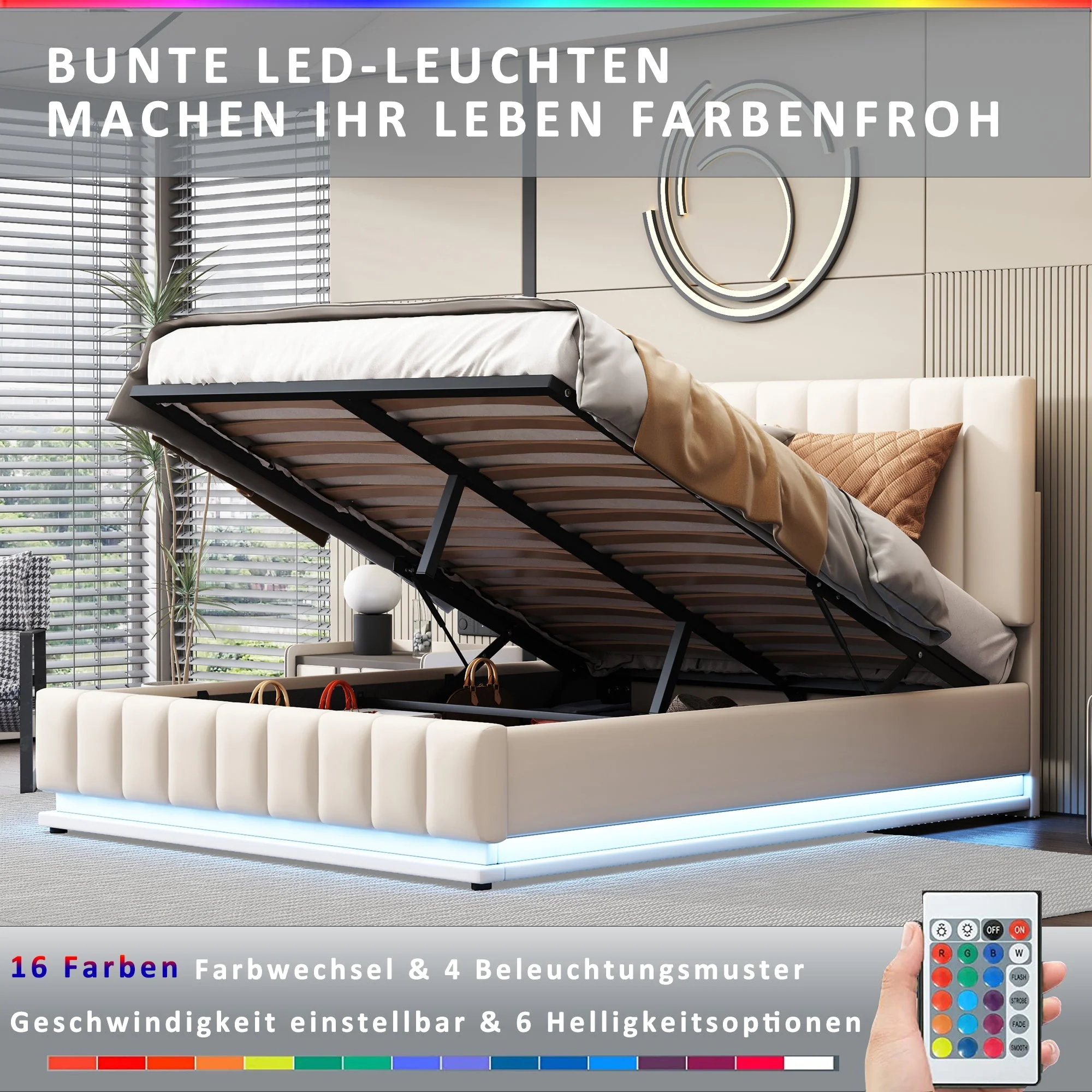 Upholstered Bed, 140x200cm, LED, Hydraulic Storage, White - Image 8