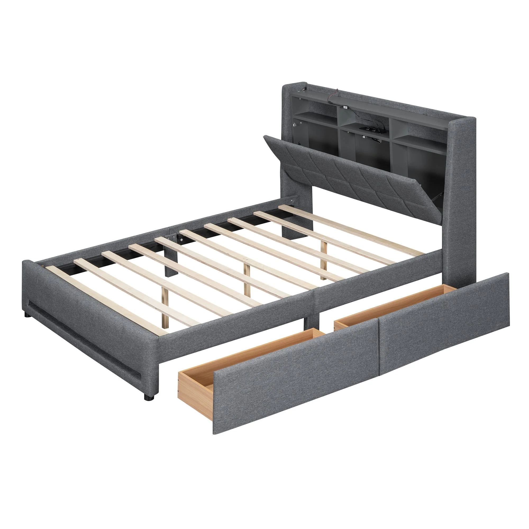 Upholstered Bed 140x200cm LED Light, Drawers, USB/Socket, Built-in Storage - Linen Grey - Image 10