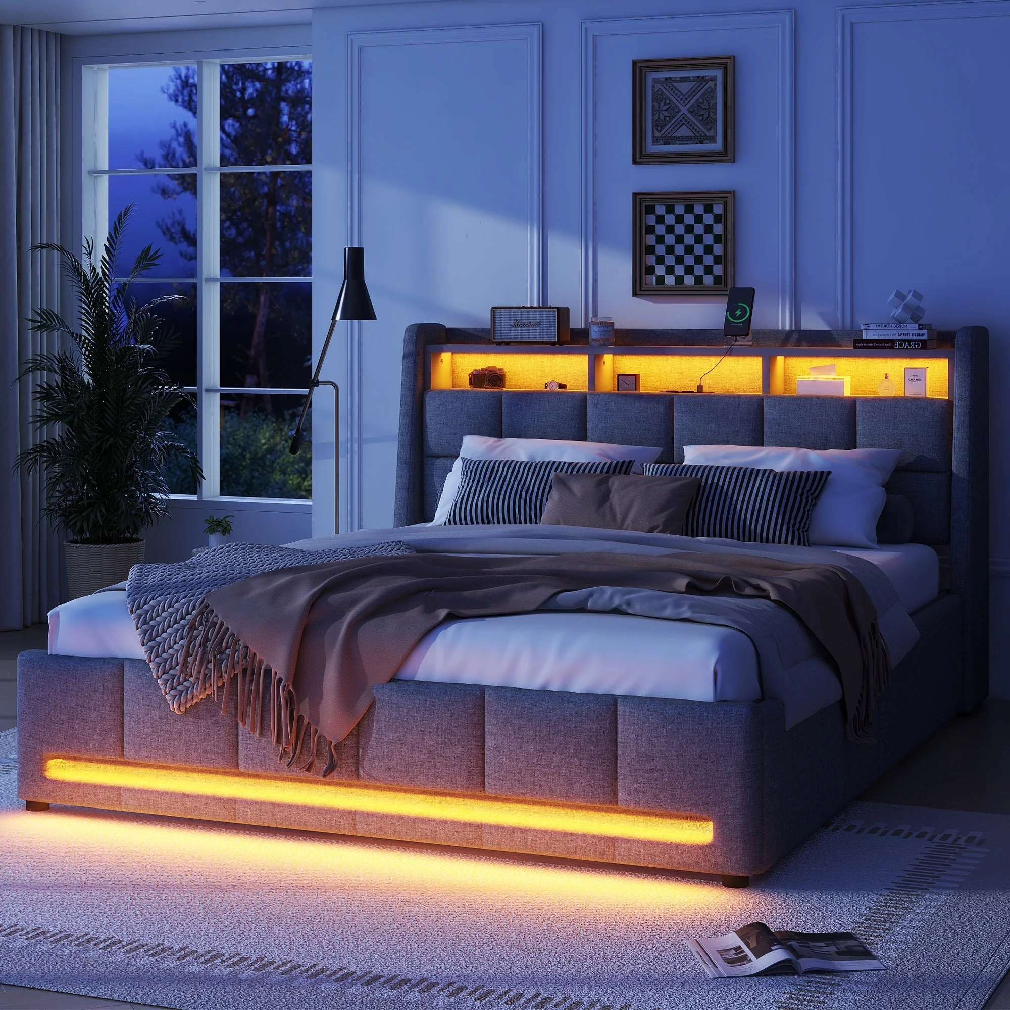 Upholstered Bed 140x200cm LED Light, Drawers, USB/Socket, Built-in Storage - Linen Grey - Image 5