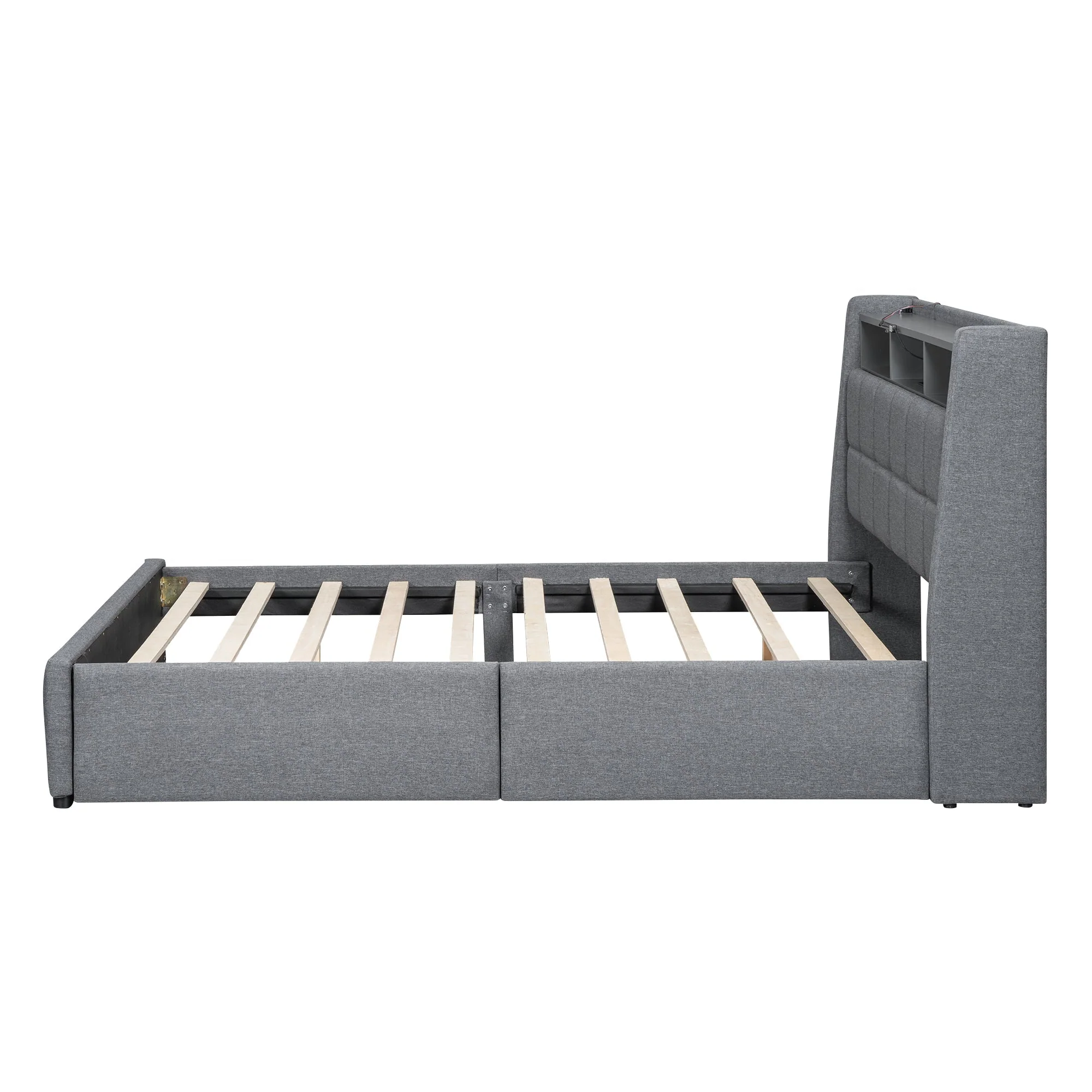 Upholstered Bed 140x200cm LED Light, Drawers, USB/Socket, Built-in Storage - Linen Grey - Image 9